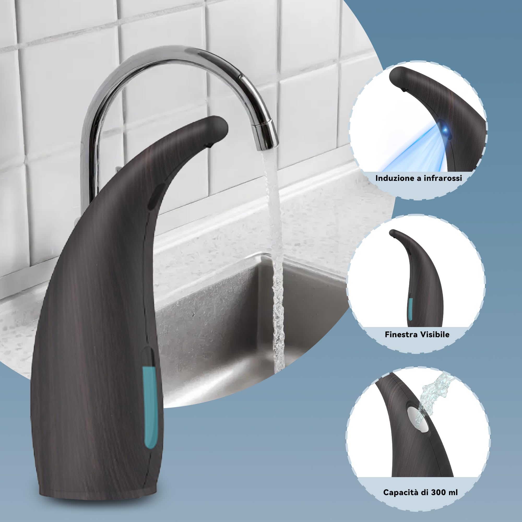 XZUO Dispenser Sapone Automatico, 300ml Dispensatore Sapone Senza Contatto con Sensore a Infrarossi, 4 Livelli Regolabili, Alimentato a Batterie, per Bagno Cucina Scuola Hotel