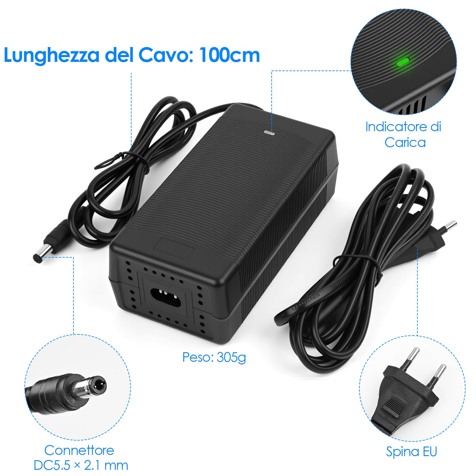 Pfloge Caricatore Monopattino Elettrico per Scooter, 54.6V 2A Caricatore Bici Elettrica con Ventilatore e 6 Connettori, Caricatore Hoverboard per Batteria Universale al Litio da 48 V