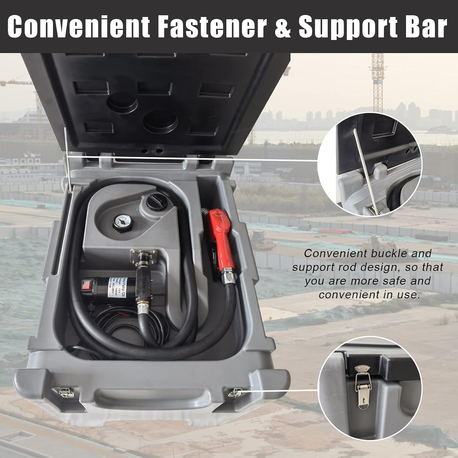55 Gallon (208 L) Portable Diesel Tank, 10 GPM Flow Rate 12V Electric Transfer Pump with Battery Clamps, 13 ft Electric Wire and a Lockable Cover