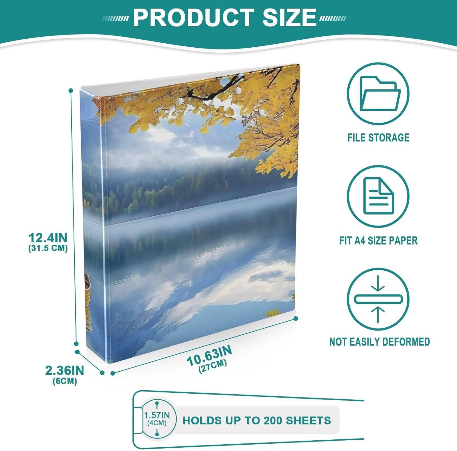 Landscape Boat Autumn Lake 3 Ring Binder 1.5 Inch Round Ring Binder with Clipboard Round Ring Binder with 3 Interior Pockets 200 Sheet Capacity 1 Pack