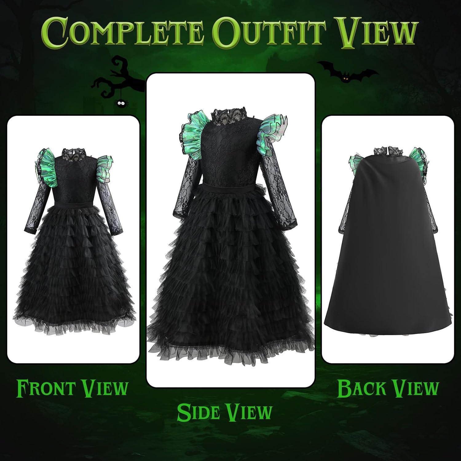 Witch Costume for Girls - Halloween Costume for Kids, Black Ruffled Witch Dress with Hat, Gloves Cosplay Outfits - Image 4