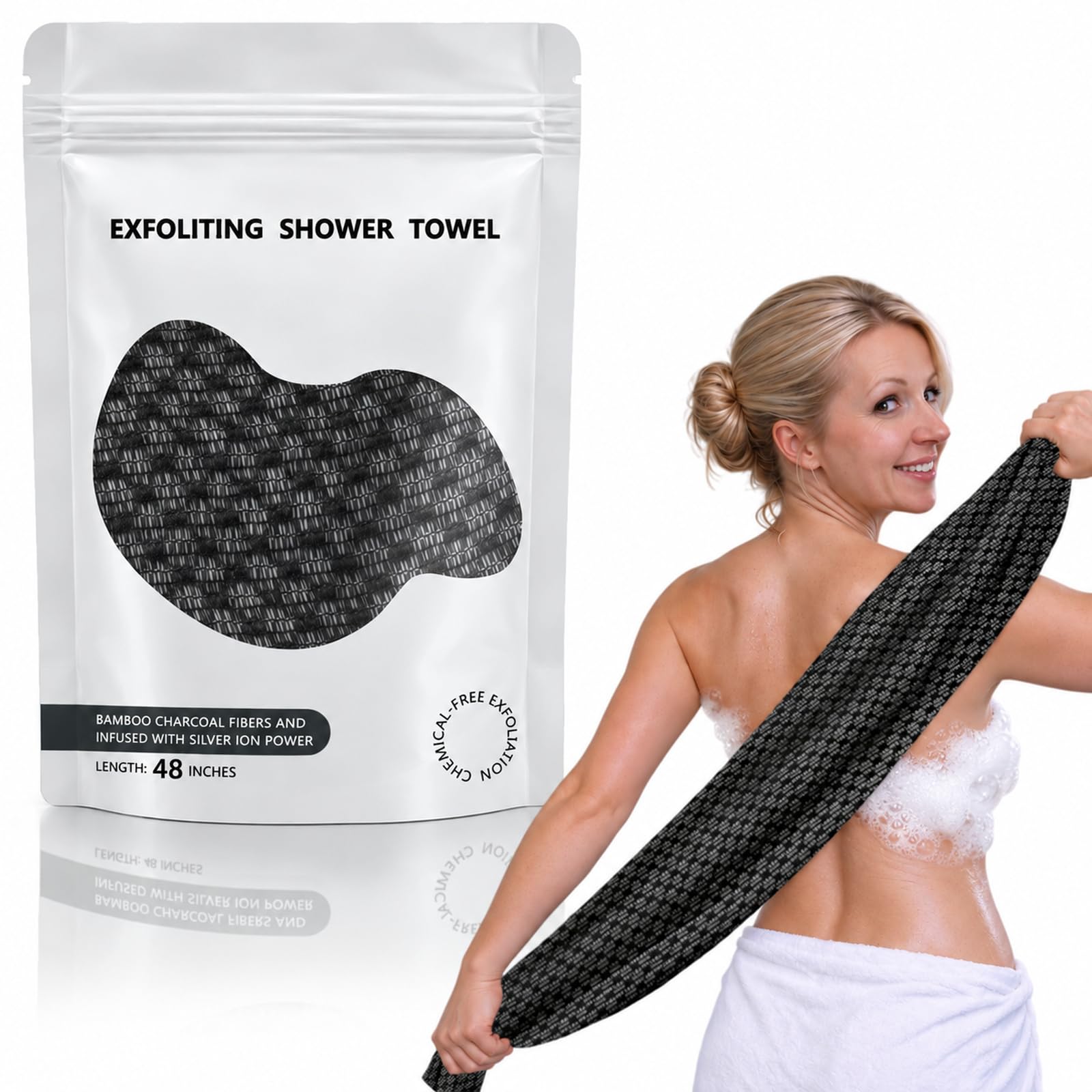 Exfoliating Shower Towel 48",Premium Scrub Wash Cloth for Body Face, Exfoliating Washcloth for Men and Woman (Black1)