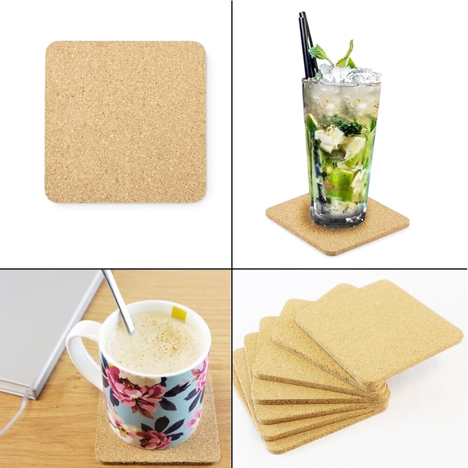 Cork Coaster for Drink Absorbent 4 Inches Tea or Coffee Coaster Set Round Heat Resistant Bar Coasters Reusable Table Blank Coasters Gifts for Wine Glass Cup Mug Plant Office (SQUARE-10PCS) - Image 5