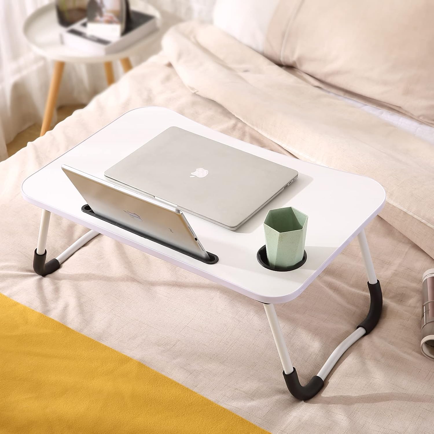 Laptop DeskFoldable Bed Tray Table Portable Multi-Function Lap Desk Standing Desk with Notebook Stand and Cup Slot,Perfect for Reading Book, Watching Movie on Bed/Couch-White