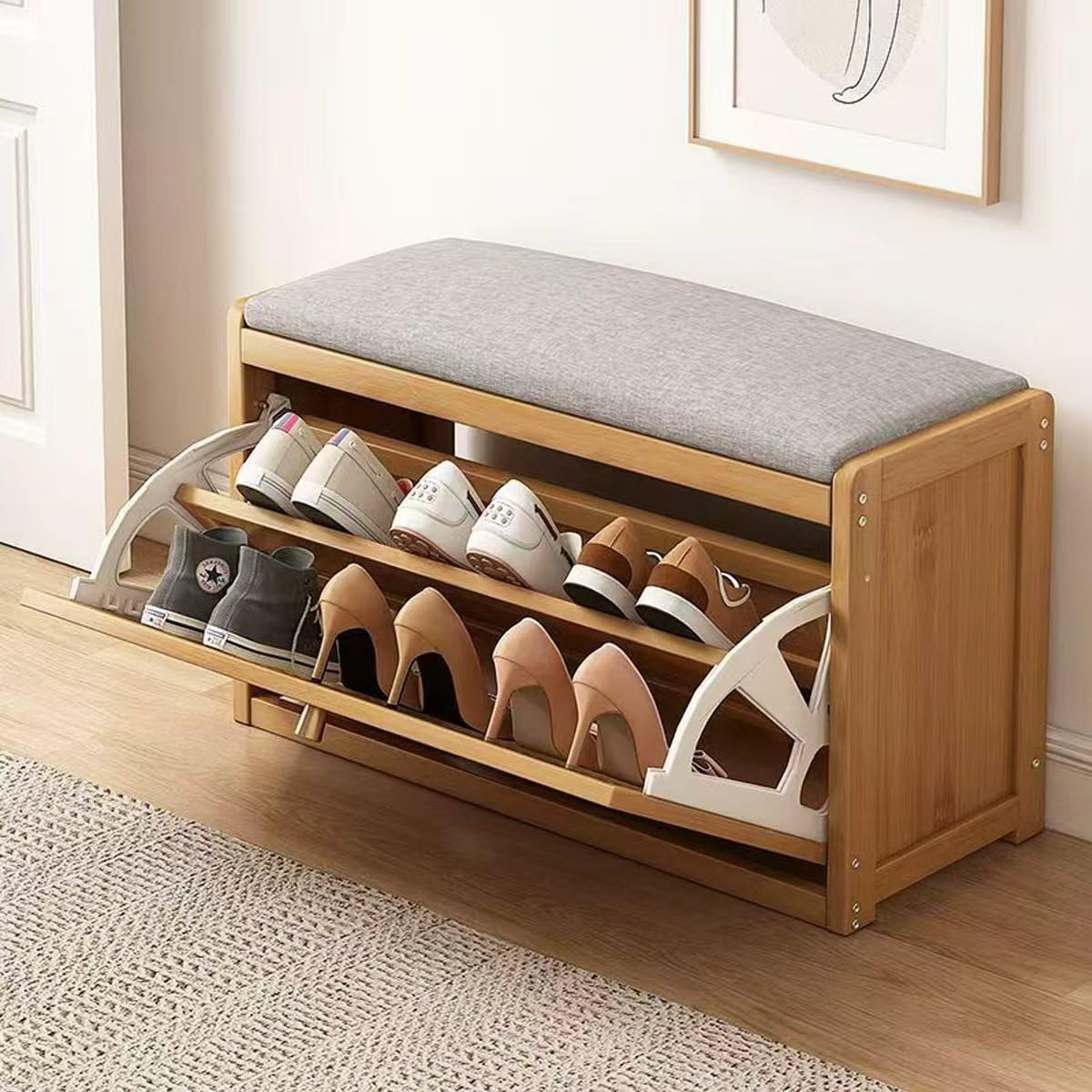Drewniana ławka na buty z wysuwanym schowkiem, 2-poziomowy, oszczędzający miejsce stojak na buty do salonu i przedpokoju, stylowe obuwie (50 x 25 x 45 cm)
