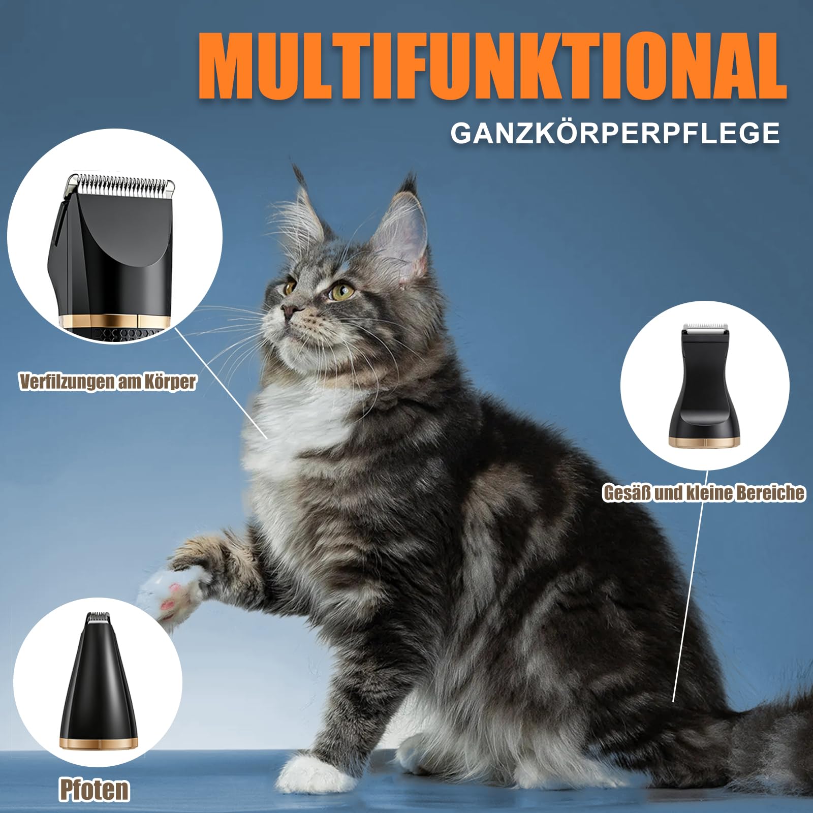 Leise Schermaschine Katze Set,Profi Haarschneidemaschine für Katzen Hunde Verfilztes Fell Pfotenhaare mit Pflegeschere & Kamm,USB-C-Aufladung, Schwarz
