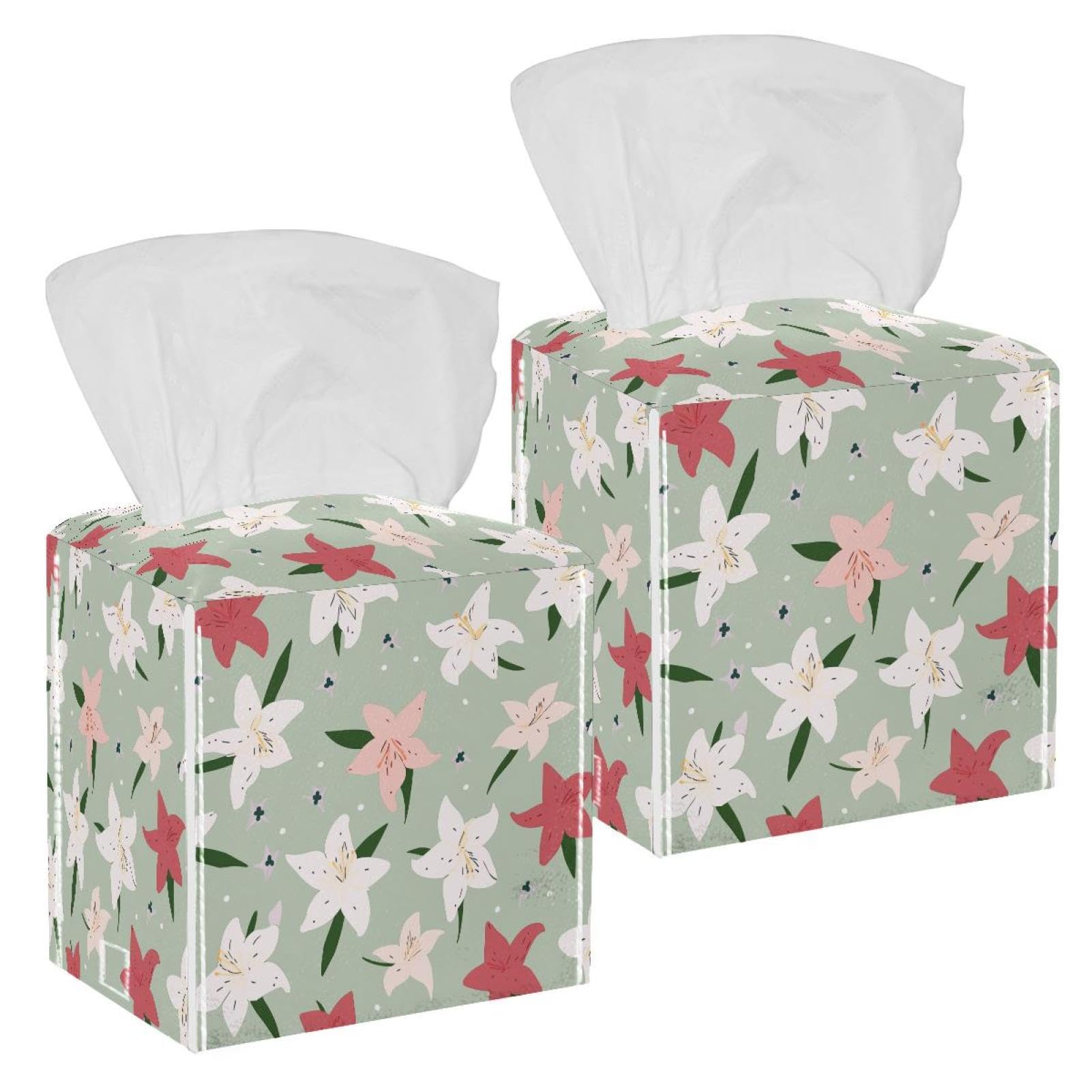 Lily Pretty Tissue Box Cover, 2 Pack PU Leather Square Facial Tissue Dispenser Box holder for Home Office Car