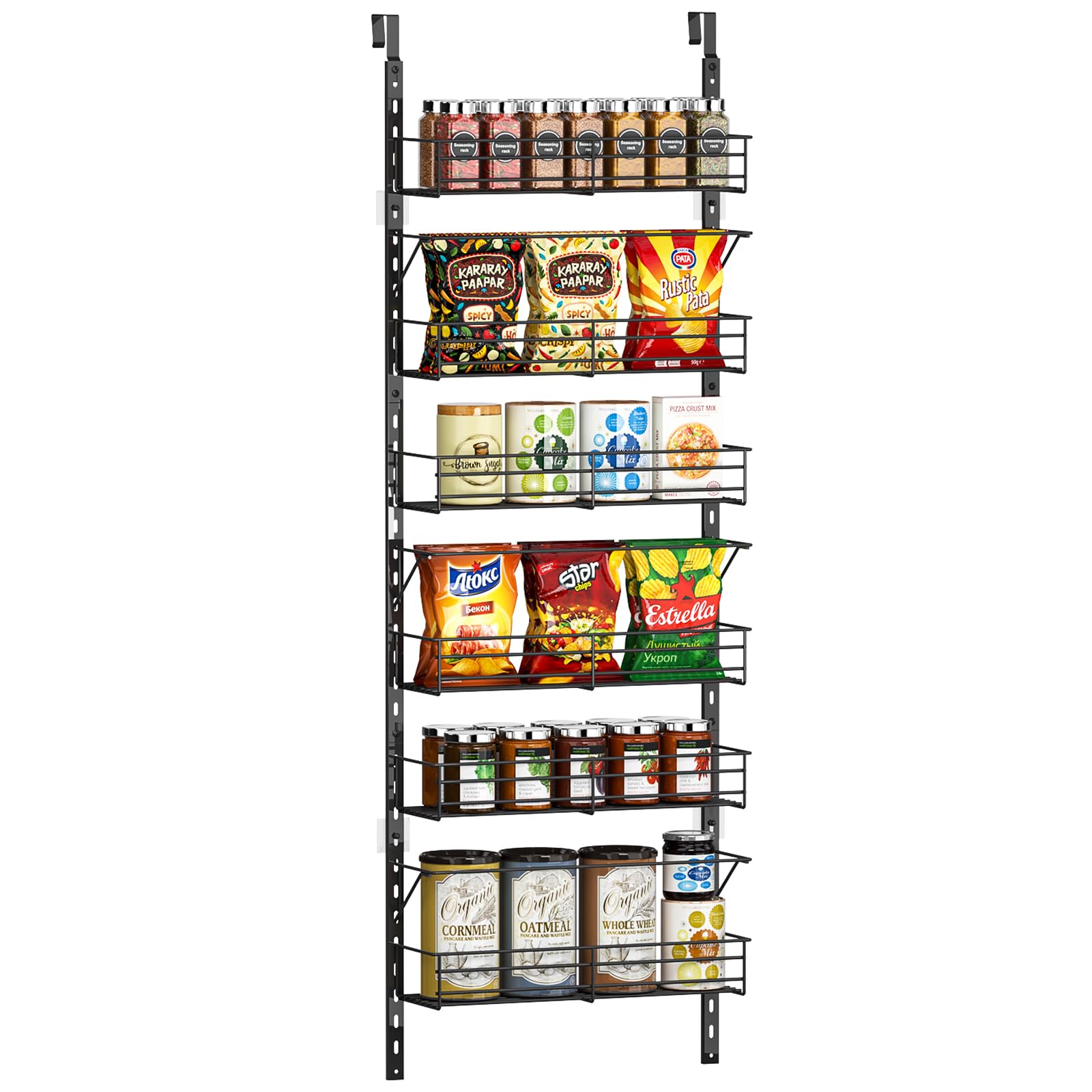 FeverdesOver the Door Pantry Organizer, Upgrade Heavy-Duty Metal with Maximum Baskets, Easy to Install Hanging Storage and Organization for Kitchen, Spice Rack (6 Tier-Black)