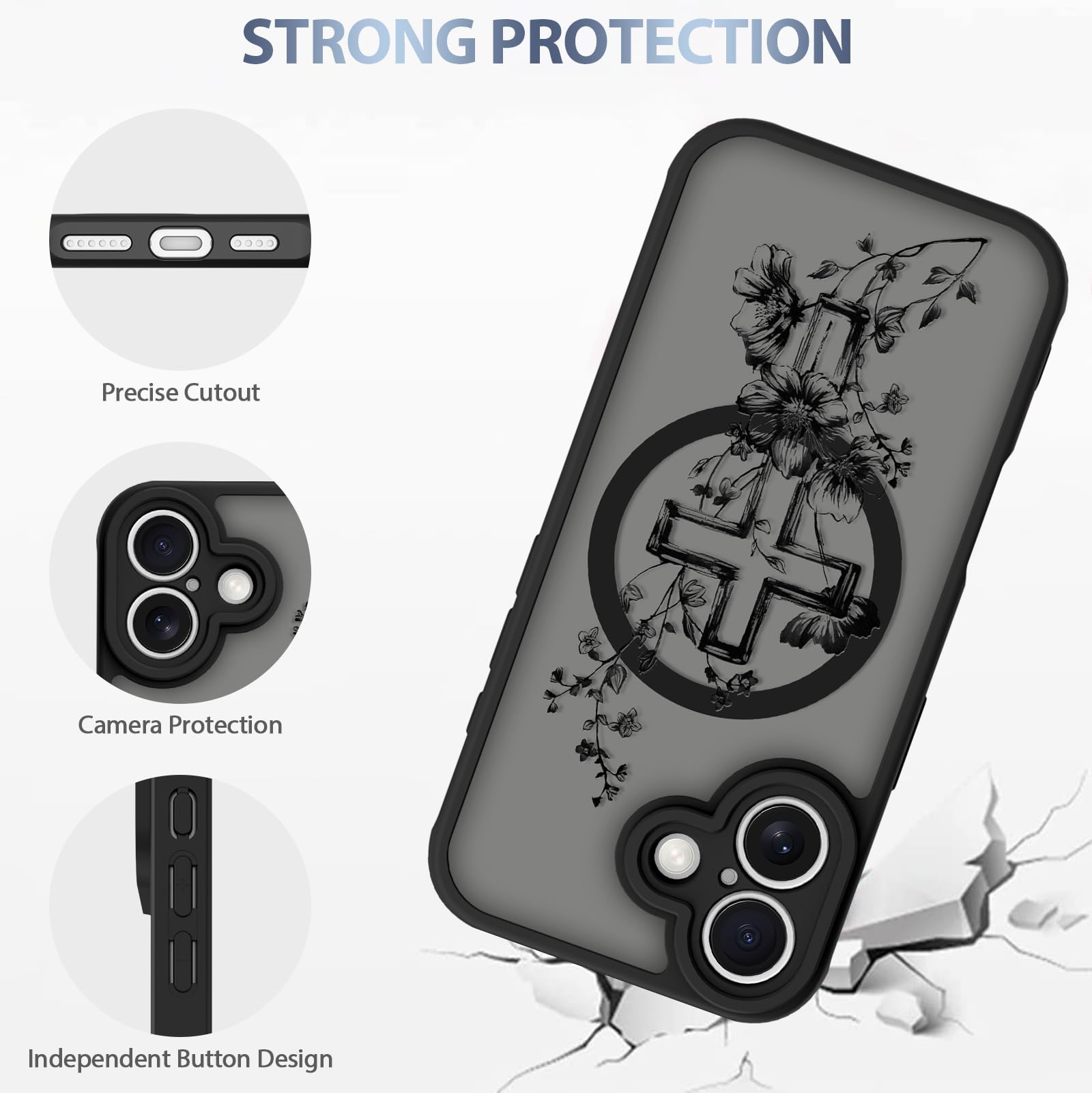 AIGOMARA Custodia magnetica per iPhone 16 Plus - Nero, fiore cristiano | [Compatibile con MagSafe] Cover posteriore rigida in morbido TPU anti-caduta antiurto elegante motivo floreale sottile