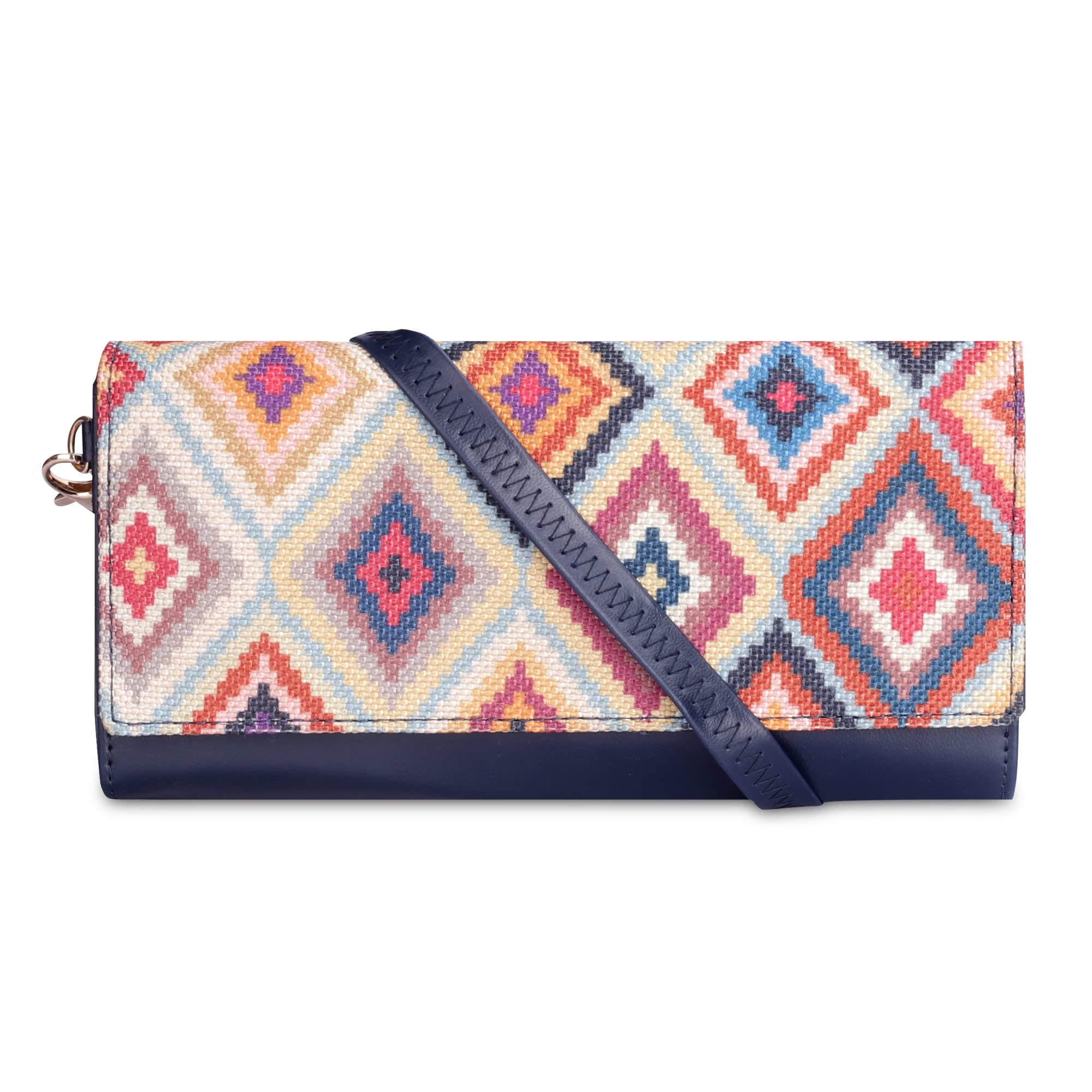 Women Jolene Printed Handicraft Fabric & Vegan Leather Ladies Wristlet Purse Sling Bag With Multiple Card Slots (Multicolour-Diamond Design), Multicolor-image-47