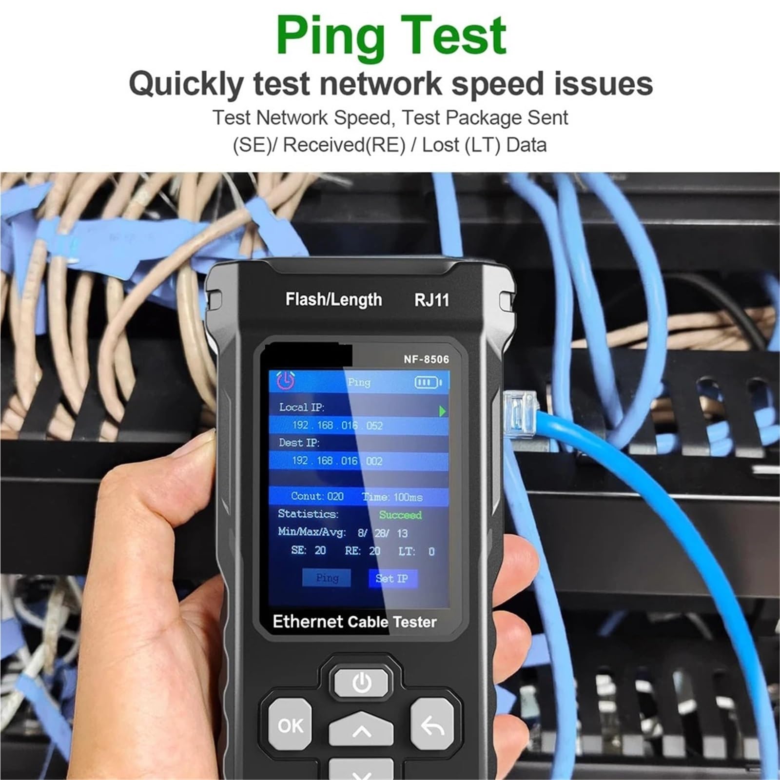 Tester for cavi di rete, supporto for tracciamento, test PING/scansione IP/misura PoE, lunghezza, tester for mappatura, strumenti