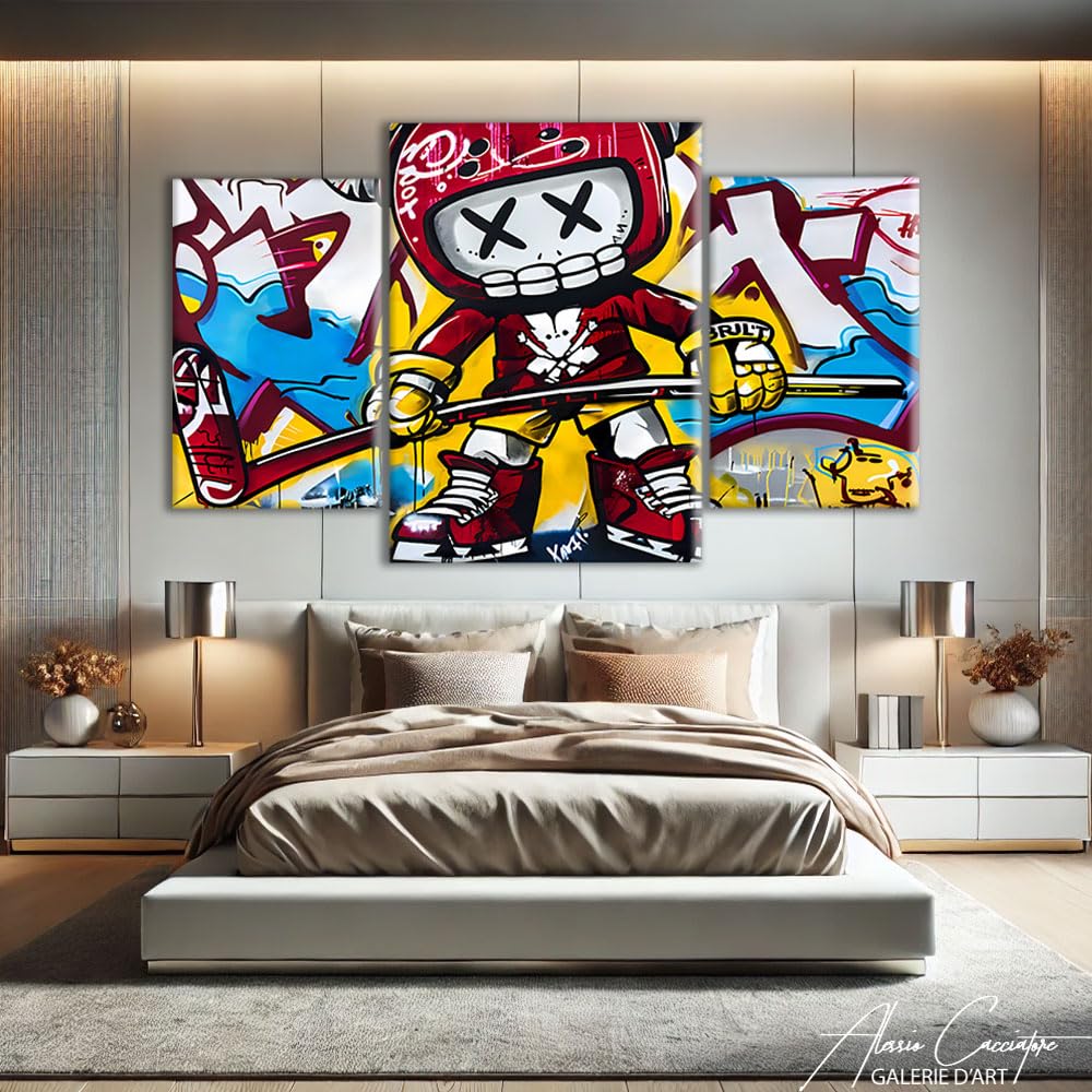 Quadro Street Art Xxl con cornice - Stampa su tela graffiti - Poster decorativo da parete per 3 - Quadro trittico da parete moderno, tela pop art grande formato (100 x 75 cm +2 x 80 x 60 cm)