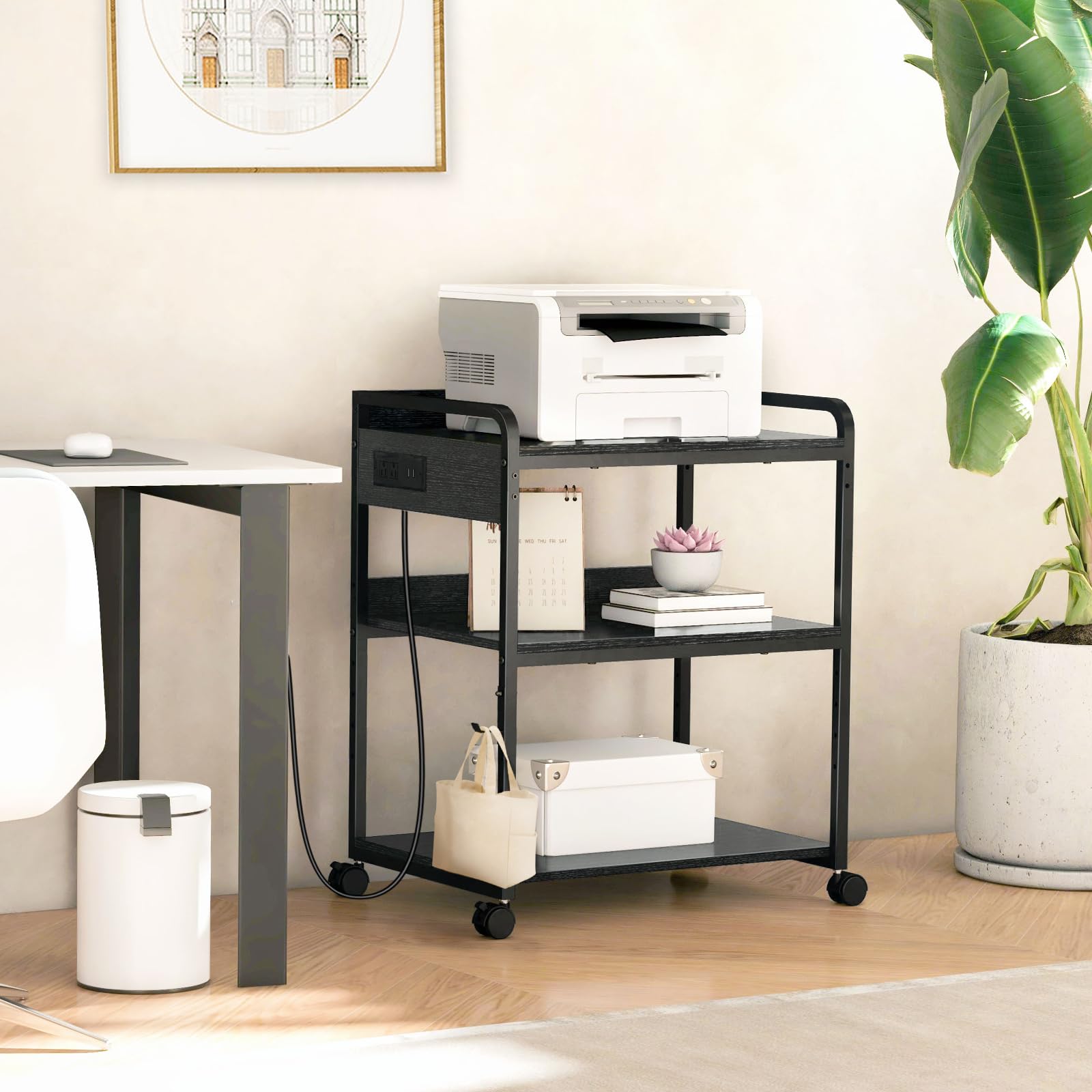 Livofloral Printer Stands with Charging Station 25 2 x 18 9 Inch Large Printer Stand with Wheels for — view 6