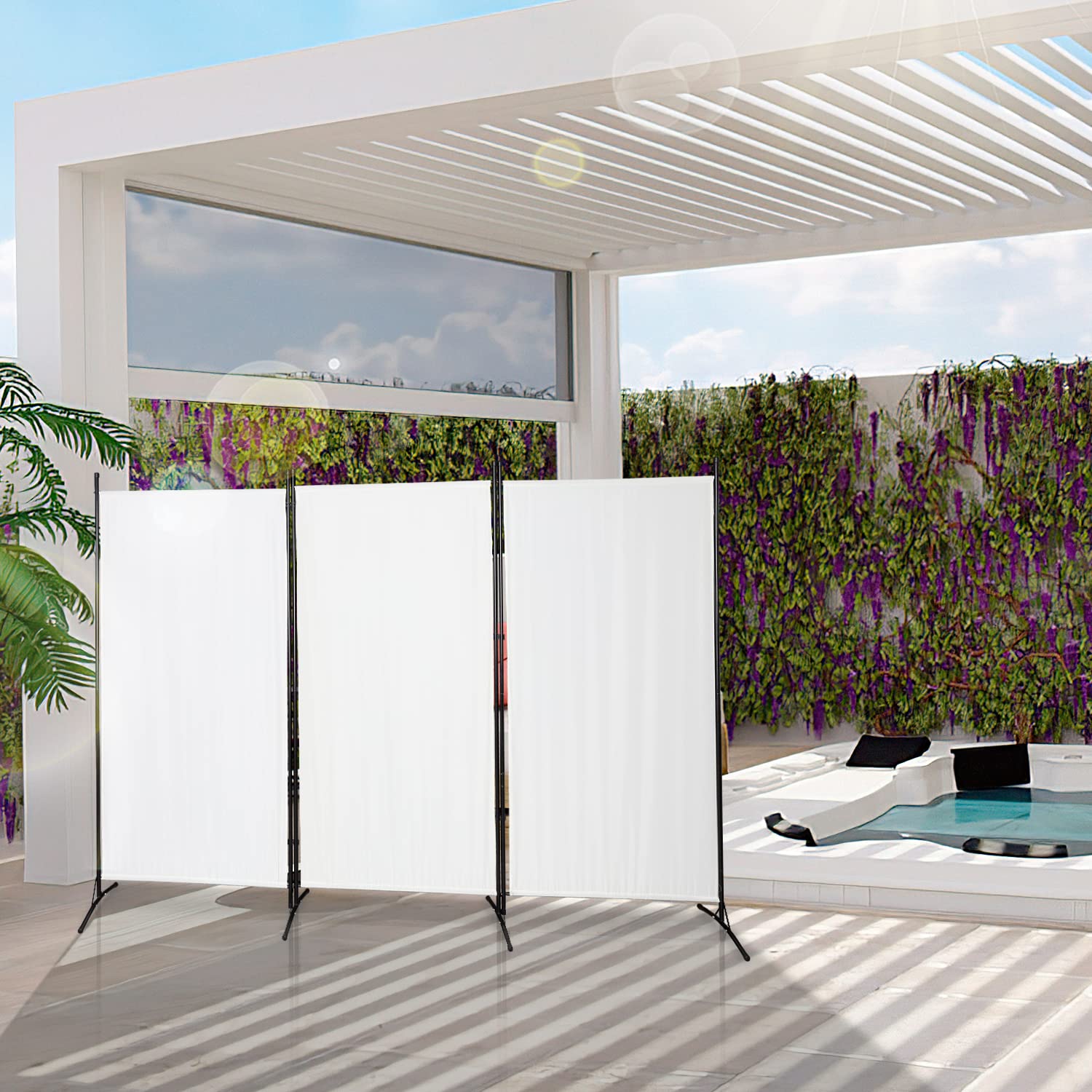 Biombo de 3 piezas, 260 x 180 cm, biombo, separador de ambientes, de pie, plegable, para interiores, protección visual, independiente, de acero y poliéster (beige)