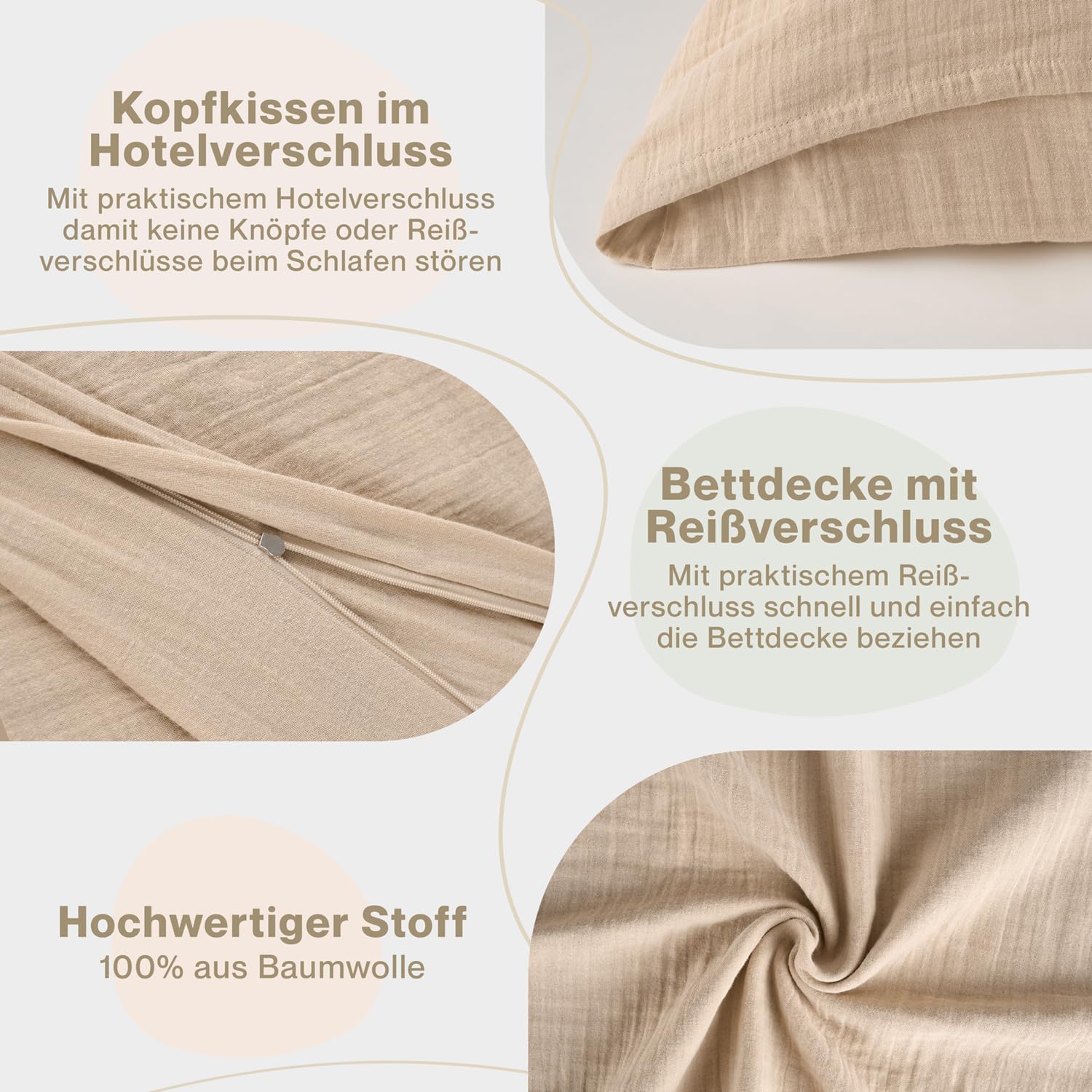 Blumtal Juego Nórdico Muselina 155x220 cm – Algodón Certificado Oeko-Tex – Funda Nórdica 155x220 con Funda de Almohada 80x80 – Topo