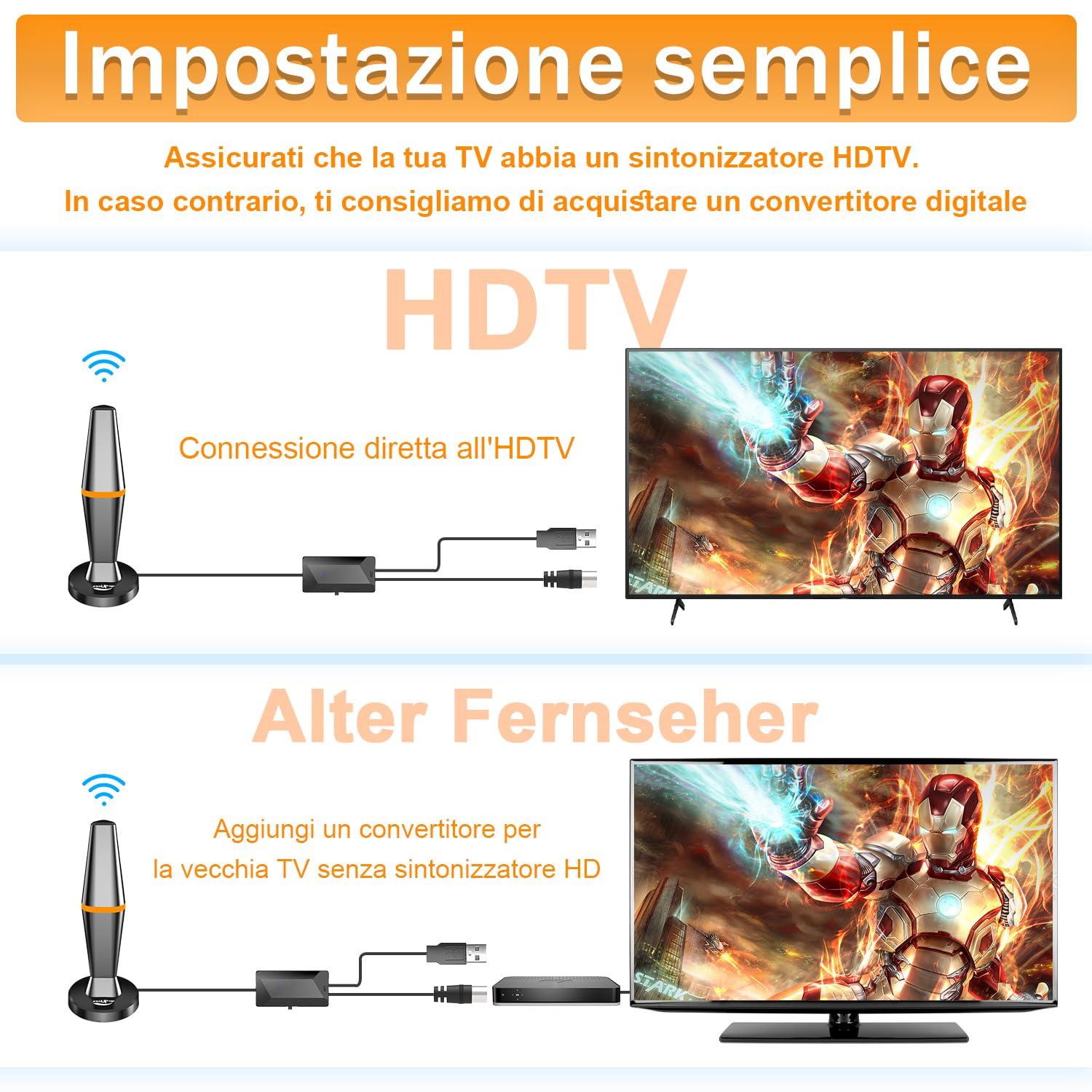 Antenna TV Digitale Interna 260+ Miglia - Con Amplificatore Segnale, Base Magnetica, Supporta 4K/1080P - Foto 8