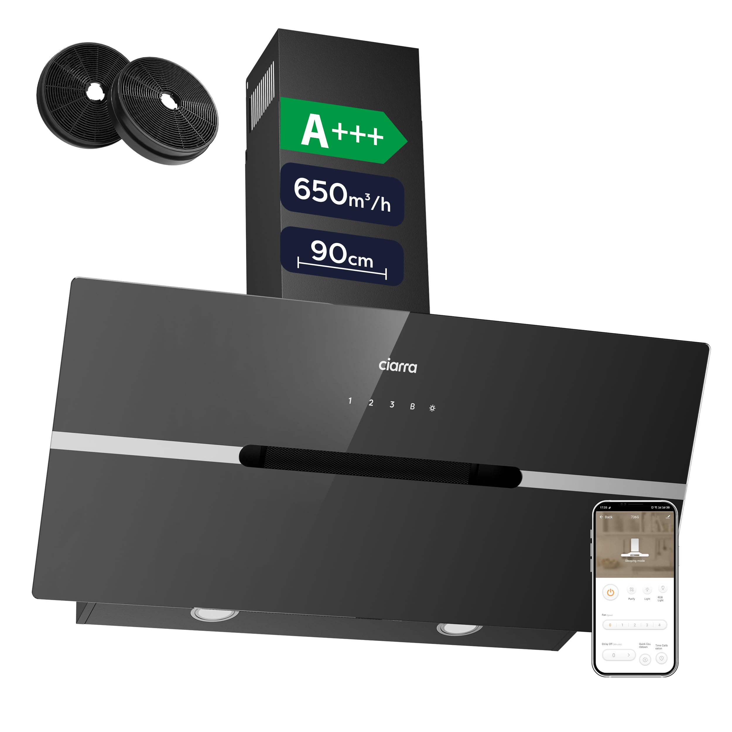 CIARRA CBCB9736F A+++ Dunstabzugshaube 90 cm Umluft Kopffreie Schräghaube 650m³/h automatisch Glasplatte Wi-Fi App Touch-Bedienung Booster Abluft mit CBCF003 Aktivkohlefilter 4 Stufen Schwarz