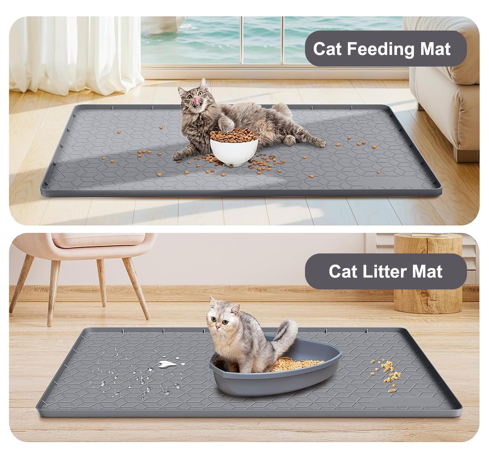 Tappetino per lettiera per gatti grande, 86 x 56 cm, in silicone, impermeabile, con bordo rialzato, rivestimento anti-traccia, per pavimenti duri, facile da pulire, grigio