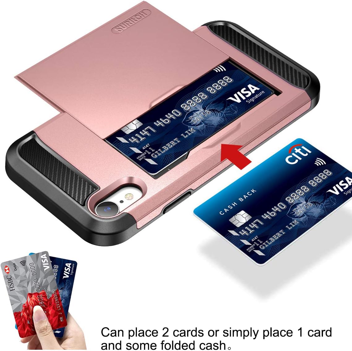 SURITCH iPhone XR Wallet Case with Card Holder and Built-in Screen Protector Defender Shockproof Hybrid Dual Layer Hard PC + TPU Heavy Duty Protection Bumper Case for iPhone XR 6.1” Rose Gold