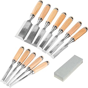 Woodworking chisel set | Fine woodworking chisels | Durable Cr-V steel beveled edge blades, tempered to 60HRc | Includes tool rollers