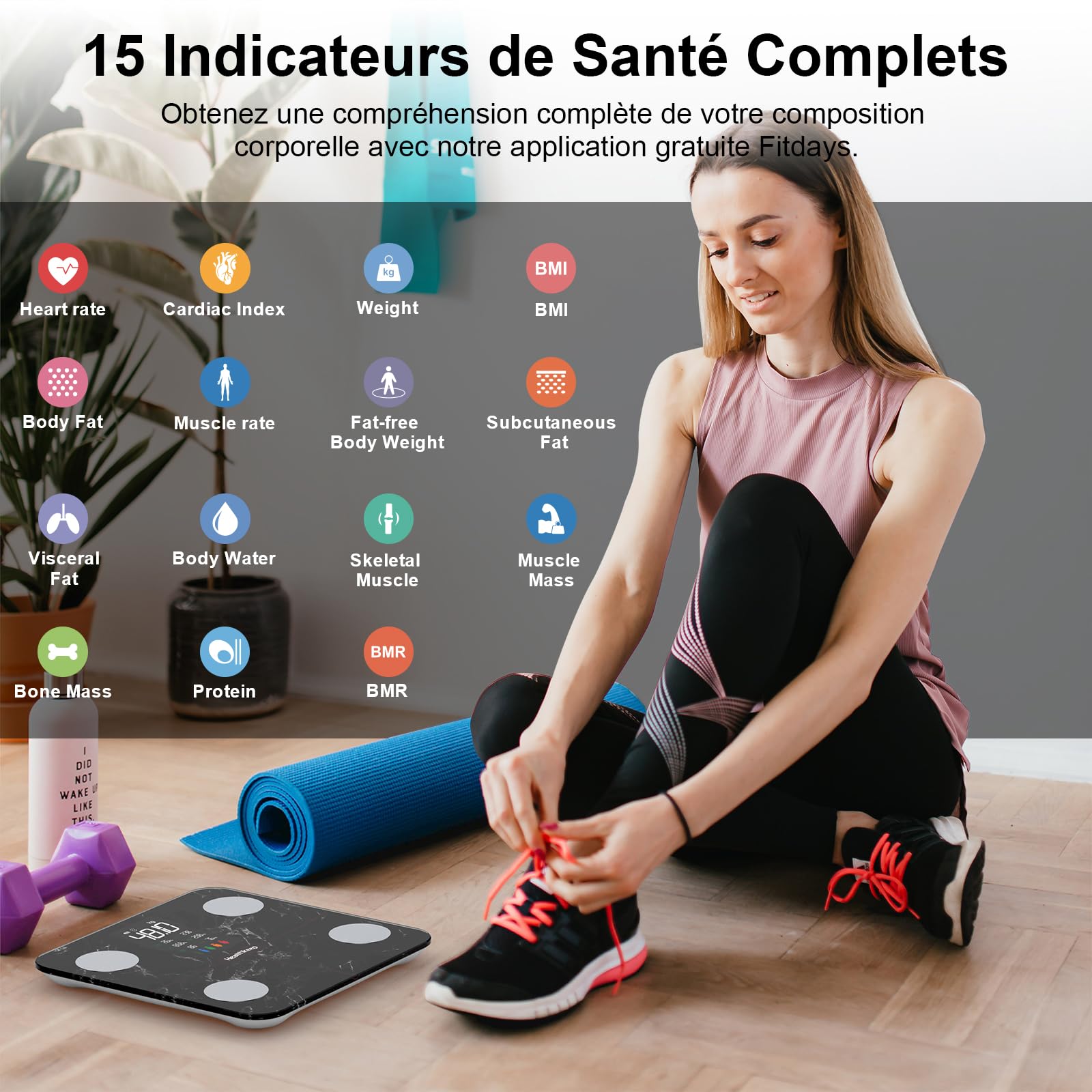 Balance Pèse Personne, Healthkeep Balance Connectée Impédancemètre Grand Écran VA avec Fréquence Cardiaque avec 15 Mesures Avec APP pour Andriod et iOS 180kg/400lb/28st, Noir