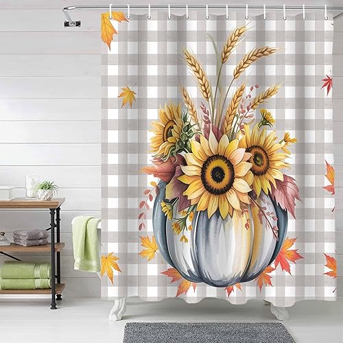 Vista 2 de Vandarllin Cortina de ducha con hojas de calabazas de otoño, juego de cortinas de ducha con ganchos, tela impermeable rústica de búfalo gris