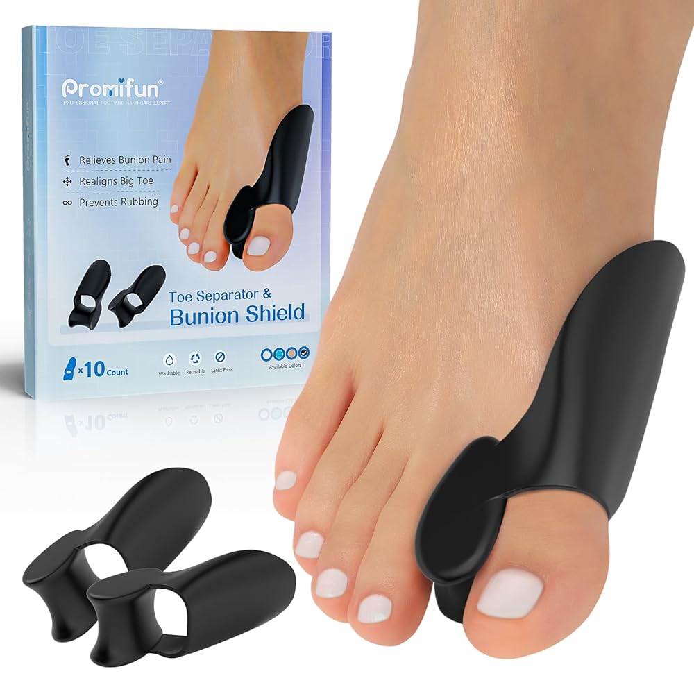 Promifun Bunion Cushion Protector, 10 Packs of Bunion Corrector Pads with Separator for Big Toe, Gel Shield for Foot Pain Relief, Calluses, Corns - Black