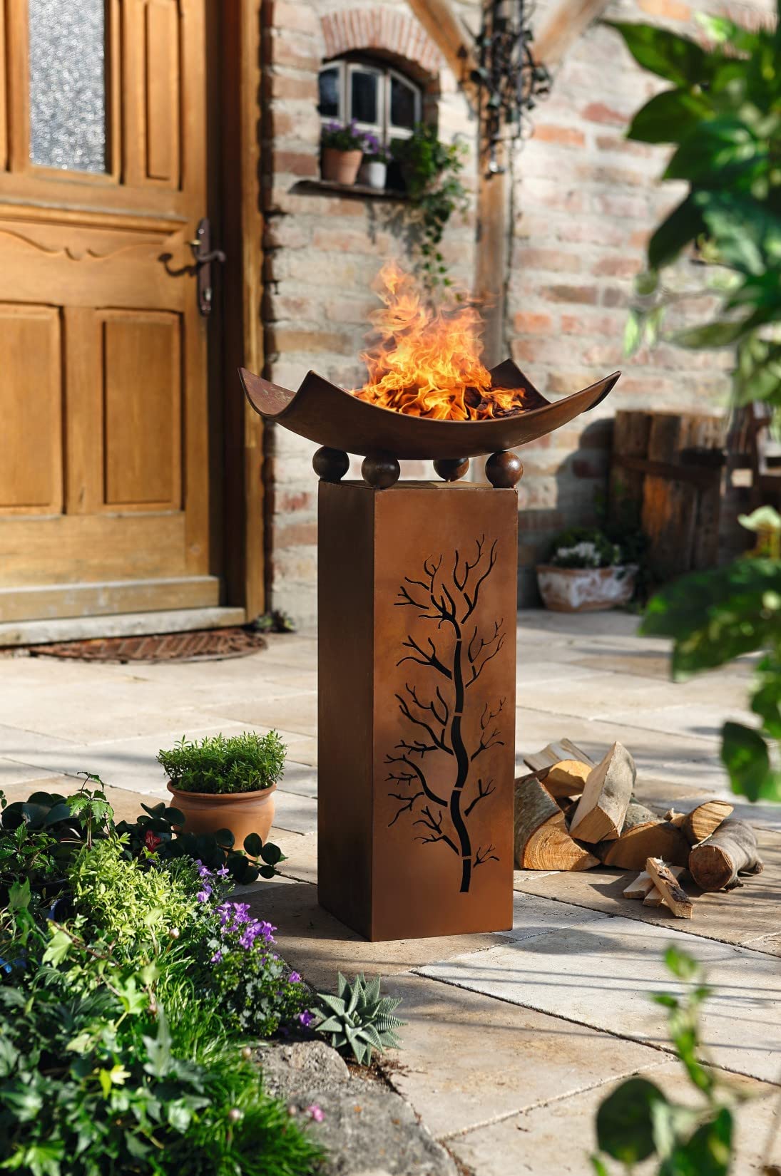 Metall Deko Säule + Feuerschale, 75cm hoch, in Rost Optik, Garten Lagerfeuer Feuerstelle