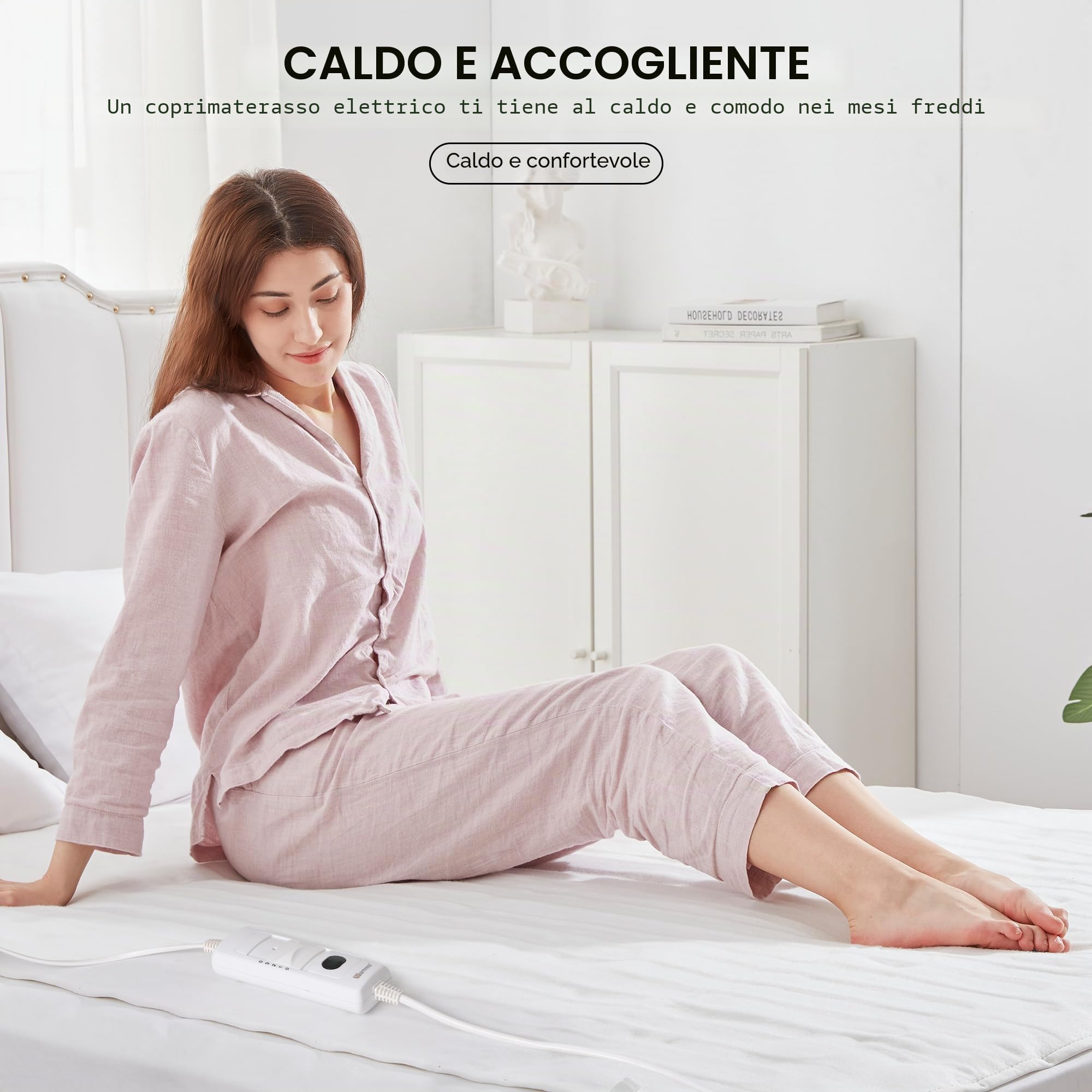 Scaldaletto Singolo 150x80 cm, Scaldaletto Elettrico Riscaldamento Rapido, Comando Rimovibile con 3 temperature, Protezione da Surriscaldamento, Tessuto Morbido, Basso Consumo Bianco