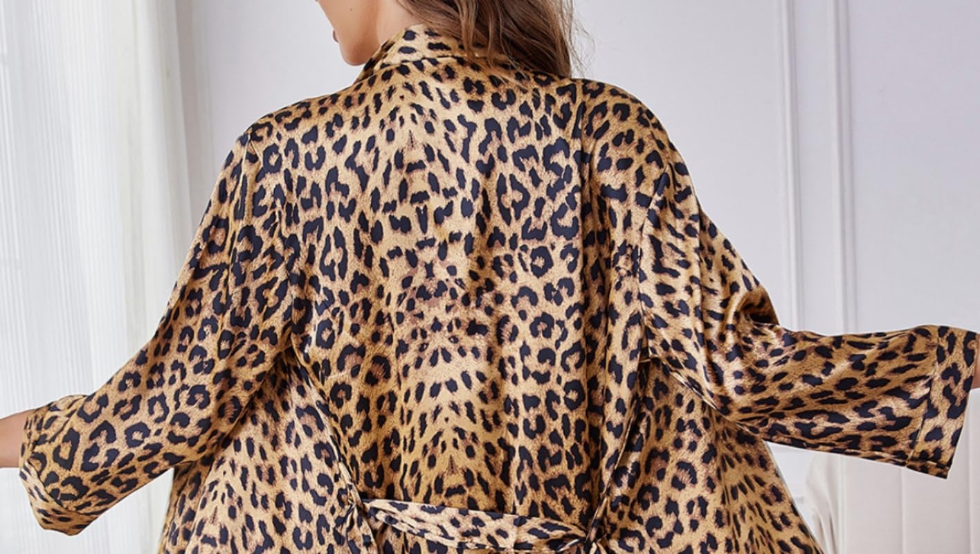 Genérico Bata Tipo Albornoces Kimono de Satén de Lujo para Mujer,Ligera con Cuello en V,Sexy con Estampado de Leopardo,Ideal para Bodas,Novias,Ropa de Dormir de Seda para Estar en Casa.