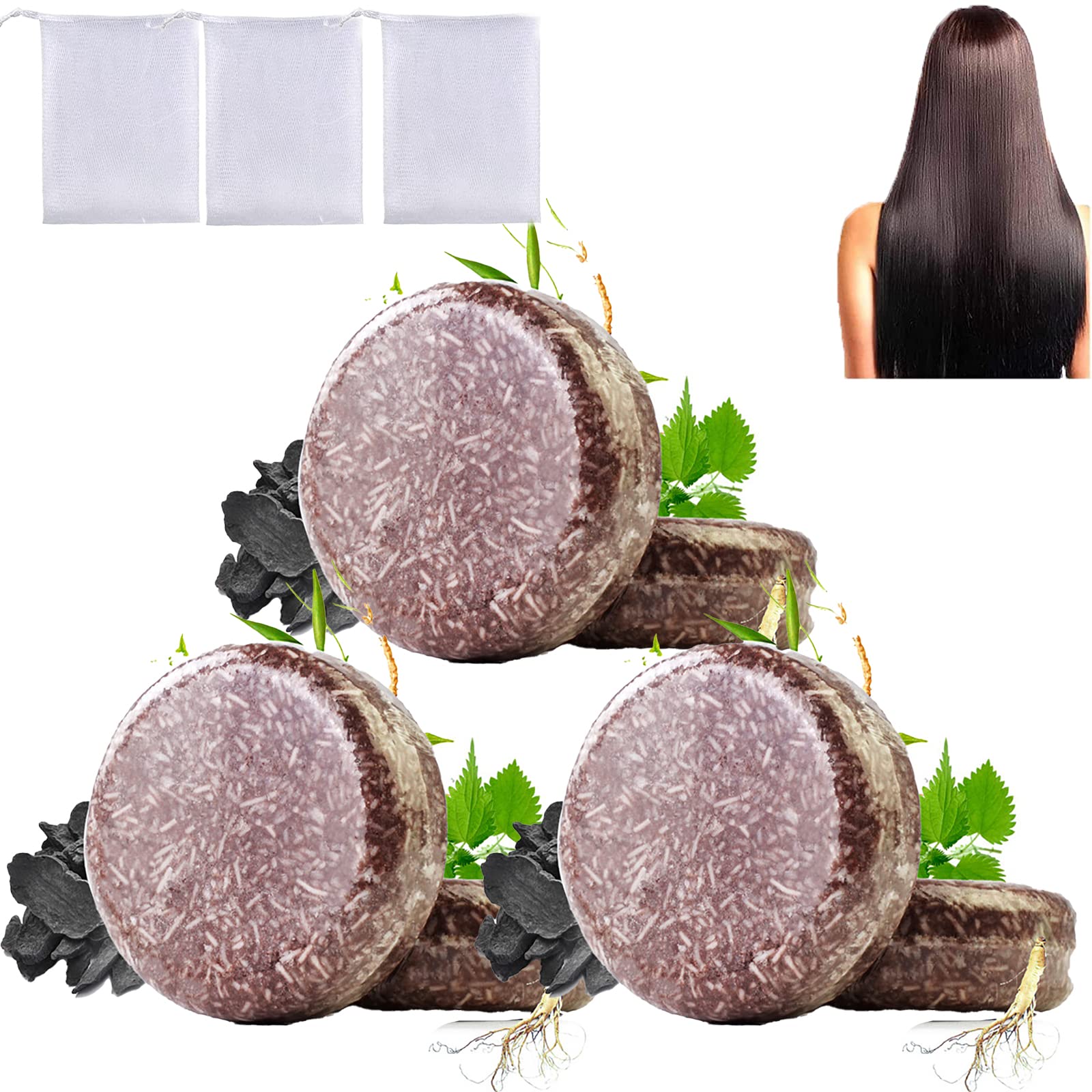 HueRenew Hair Darkening Shampoo bar, Polygonum Hair Darkening Shampoo Bar for Gray Hair, Black & Thick Hair Fallopia Multiflora Shampoo Bar, Reverse White and Gray Hair, Damaged Hair (3PCS)
