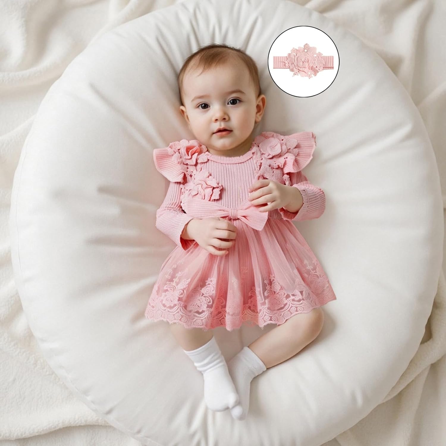 Baby Girl Romper Dress Lace Flowers Baby Dress Romper Infant Fall Winter Festival Clothes with Bow Headband - Image 6