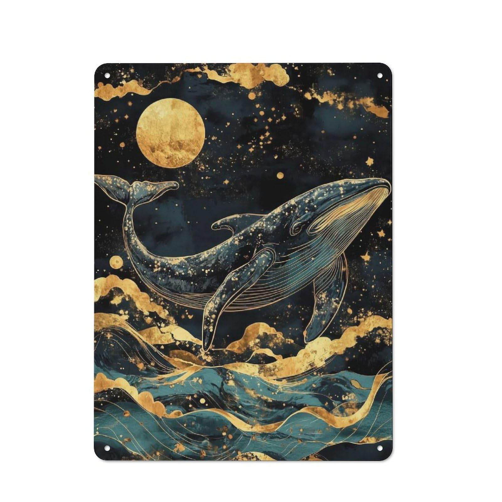 Junmoney Kintsugi Whale Under Moon Tin Wall Plaque 40X30cm With For Workshop Wall, Suited To Workshop Decor Fans, For Retro Home Interiors