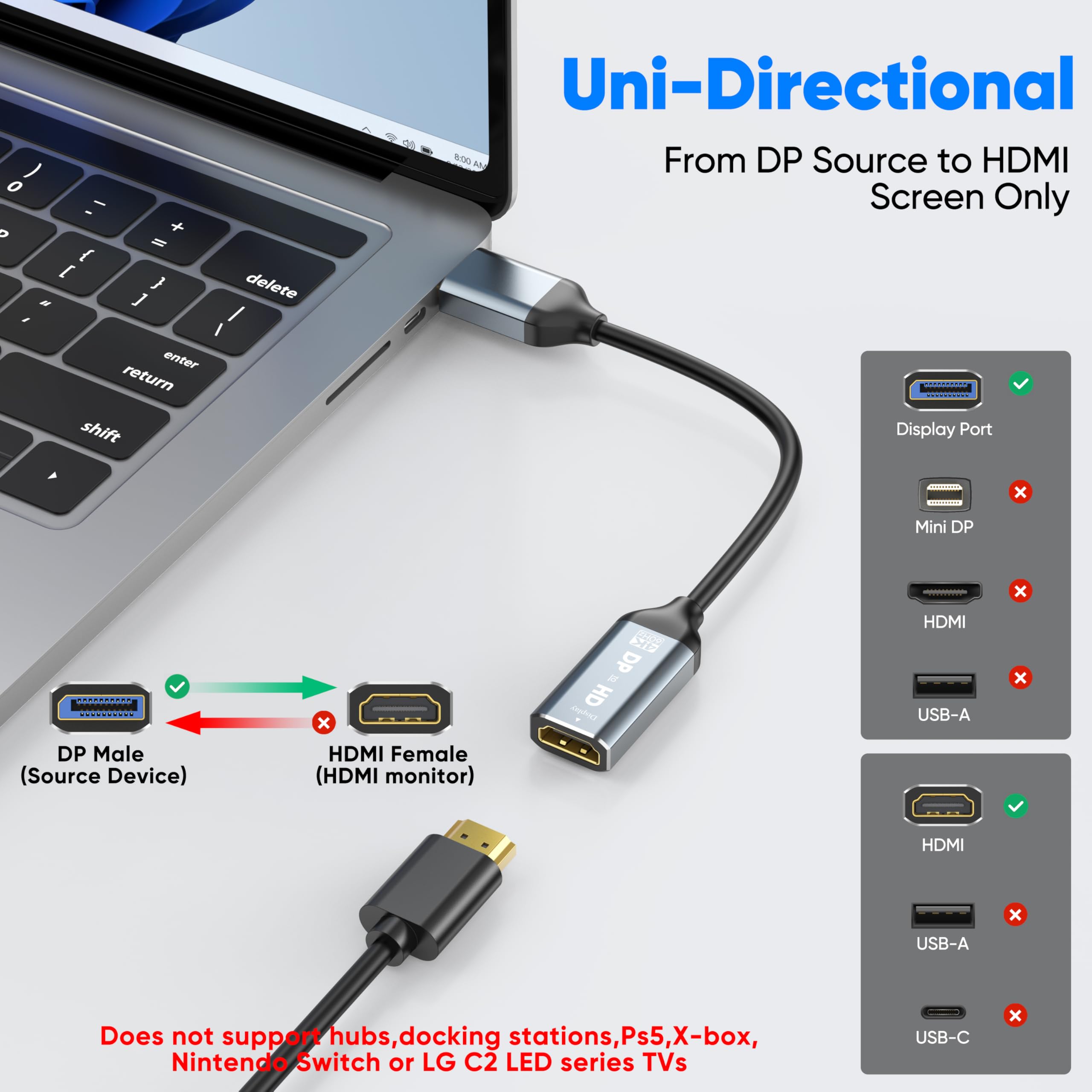 Adapter DisplayPort na HDMI 4K, 2 sztuki, jednokierunkowy adapter DP 1.2 na HDMI, konwerter portu wyświetlacza (źródło) na HDMI (ekran) do komputera stacjonarnego, monitora HDTV, kompatybilny z AMD