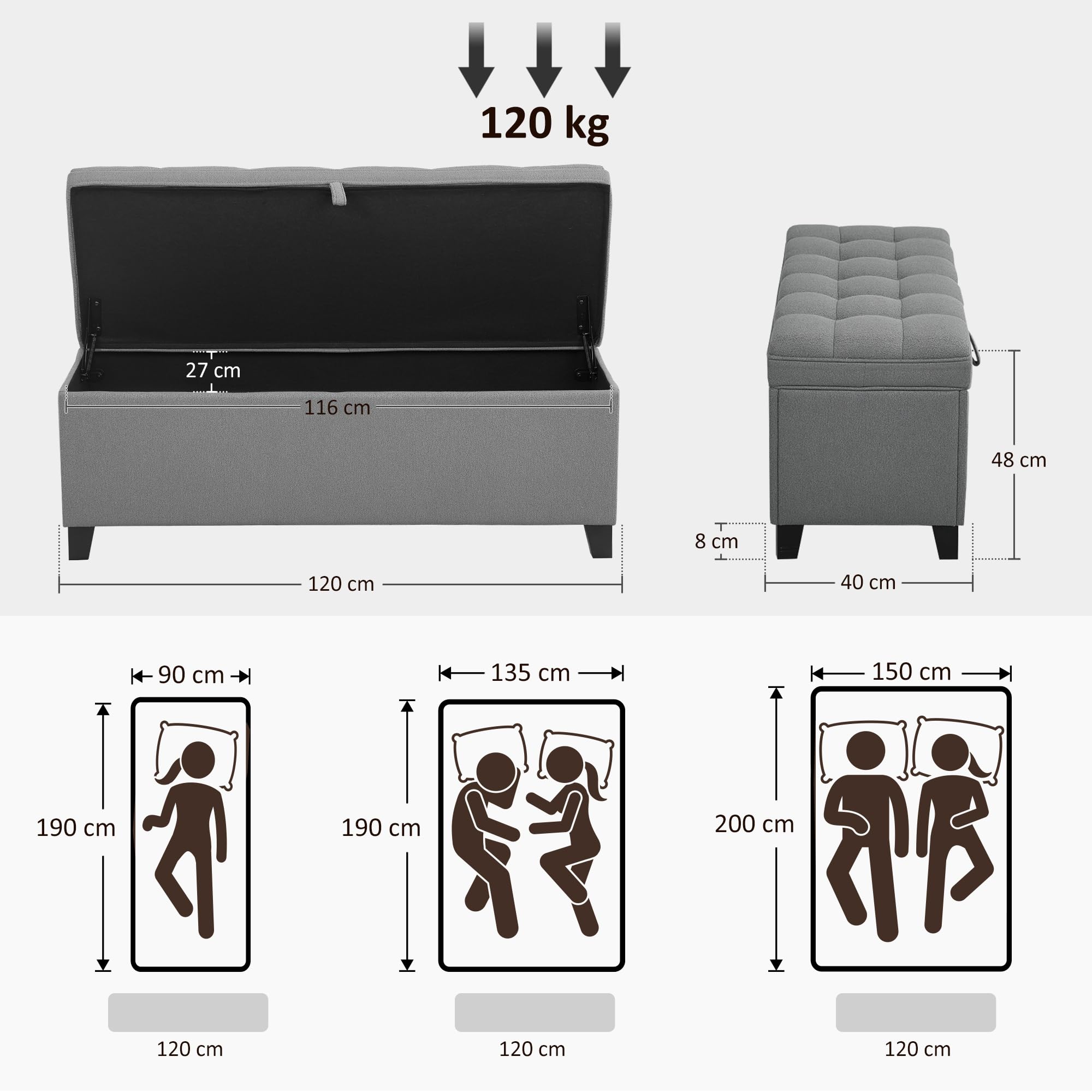 HOMCOM Sitzbank mit Stauraum Polsterbank bis 120kg 120x40x48 cm Dunkelgrau | Bank, Sicherheits-Scharnieren, Leinenoptik, für Wohnzimmer Schlafzimmer Flur