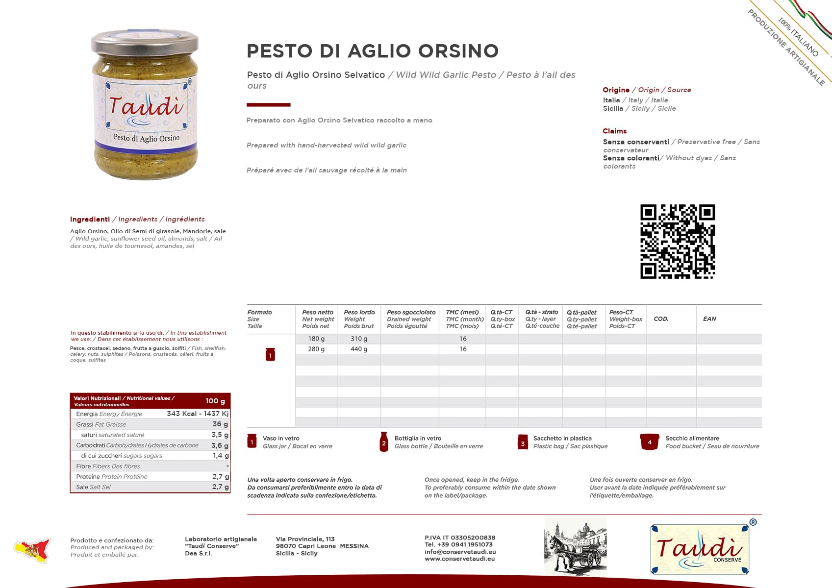 Taudì Conserve Pesto D'Ail Orsino Sauvage – Délice Sicilien 100% Naturel, Artisanal, Ingrédients Sélectionnés Pour Pâtes, Bruschettas & Plus, 180g en Pot De Verre Premium