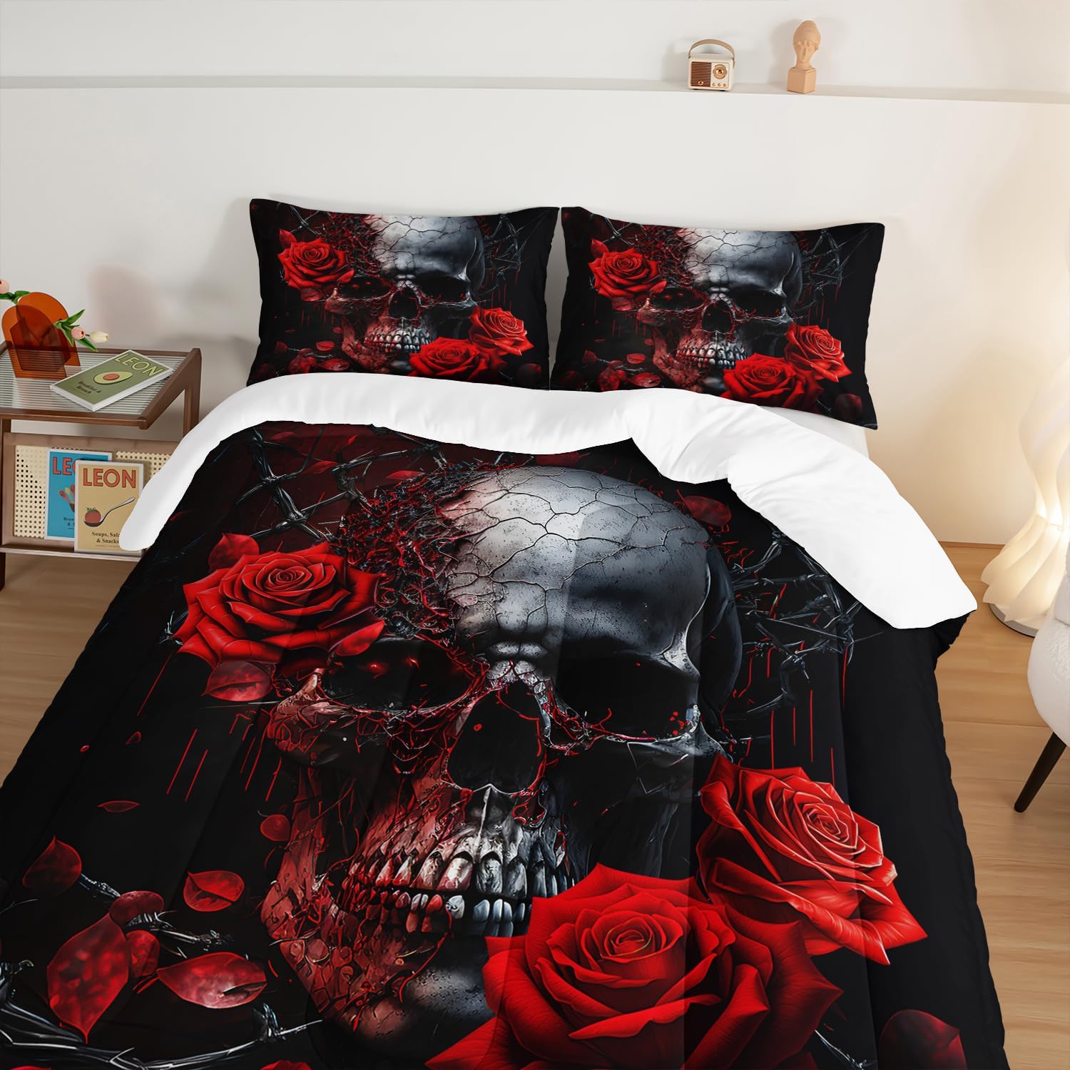 HOSIMA Death Skull Heads Comforter Gothic Bedding Sets,Horror Theme Halloween Bedding Comforter Sets for Teen Girls Boys Room Decor,Red Rose Floral Comforter Queen Size Bed with 2 Pillowcases. - Image 4