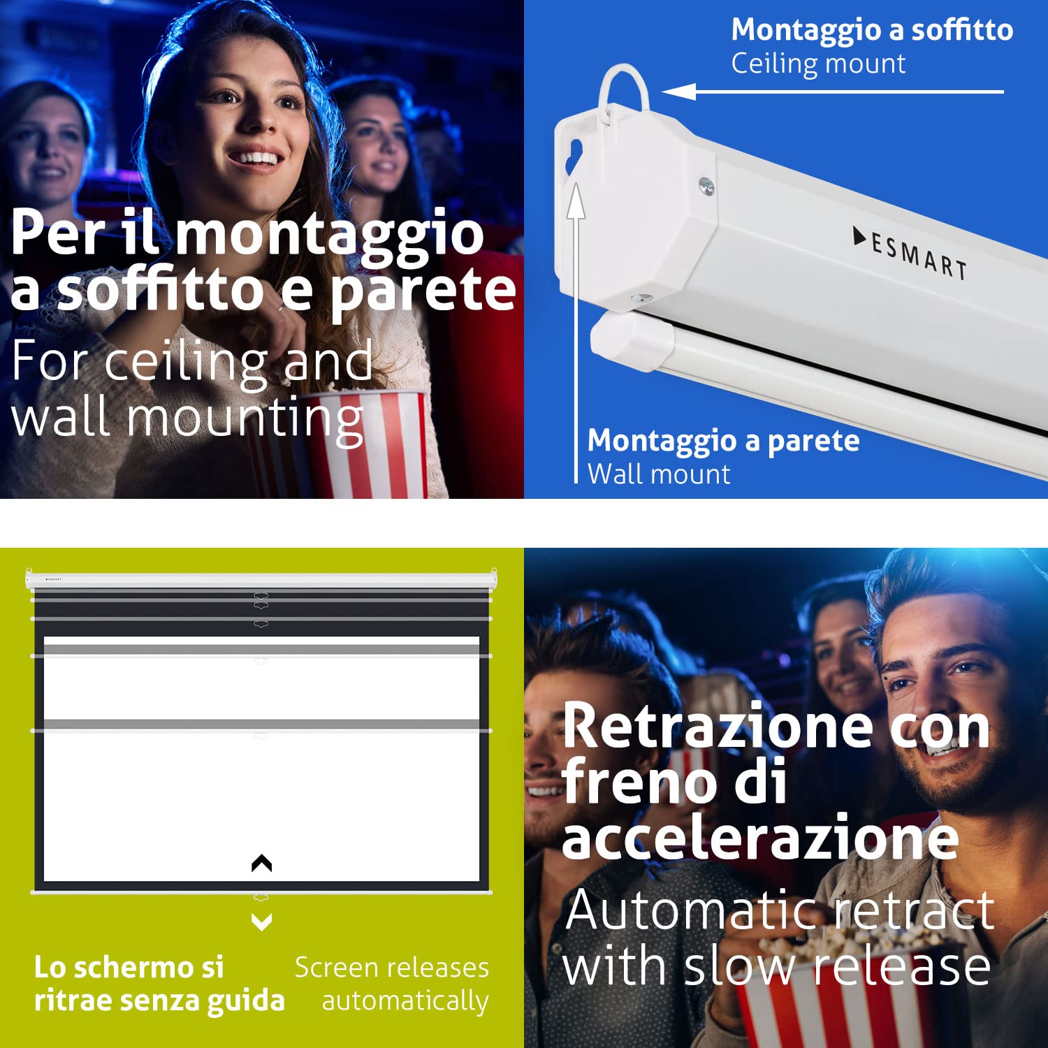ESMART Economia EXR Schermo di rollo manuale 240 x 135 cm (108 ") | Formato 16: 9 | Schermo per proiezione proiettore home cinema Schermo per tende a rullo LCD LED