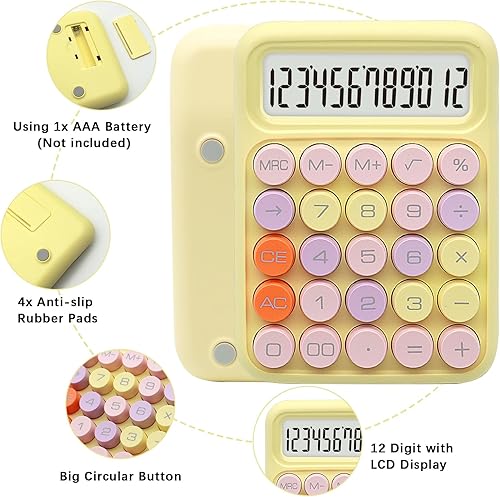 Miniatura 3 de Standard Calculator - Colorful Yellow with 12 Digit Display and Big Buttons, Cute Office and School Accessory