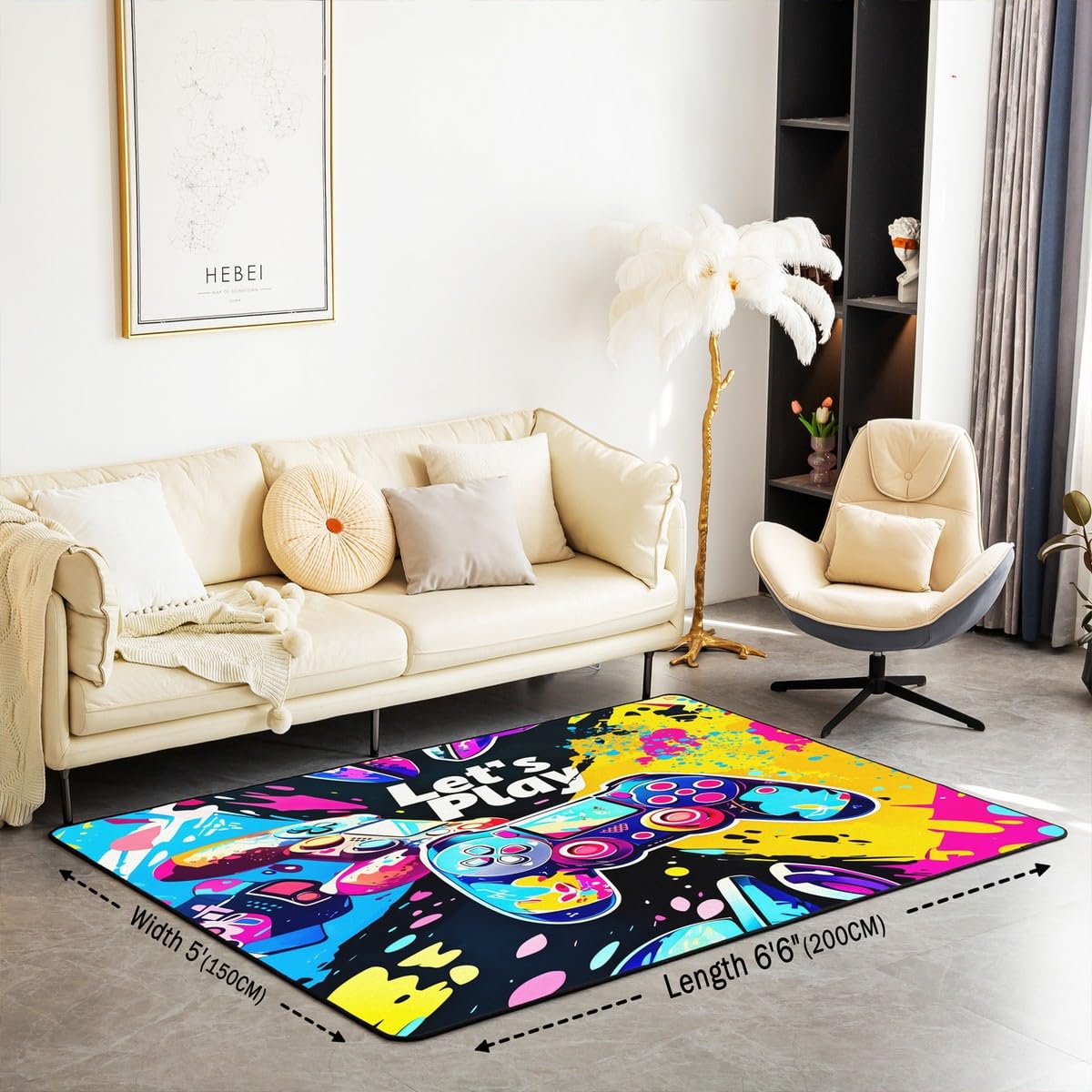 Loussiesd Dywan do salonu dla graczy, 100 x 150 cm, gamingowy dywan akcentujący dla chłopców, dziewcząt, nastolatków, nowoczesny kontroler konsoli do gier, mata podłogowa, joystick, czarno-żółta,