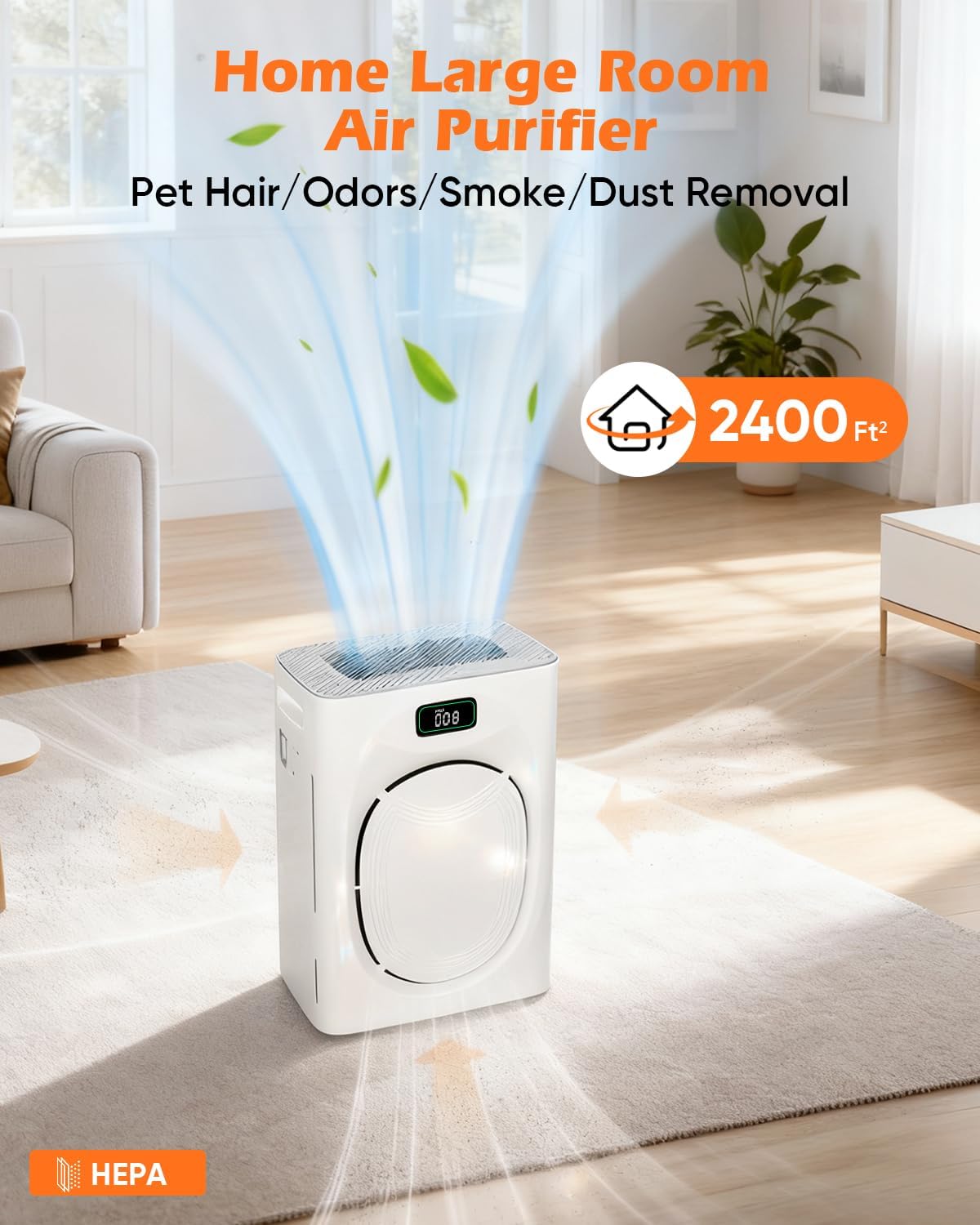 JVO Air Purifier for Pets Home - Covers 2400sq.ft Large Room, with Washable Filter & PM2.5 Display, Air Cleaner for Bedroom, Dorm, Office, Captures Pet Dander/Hair