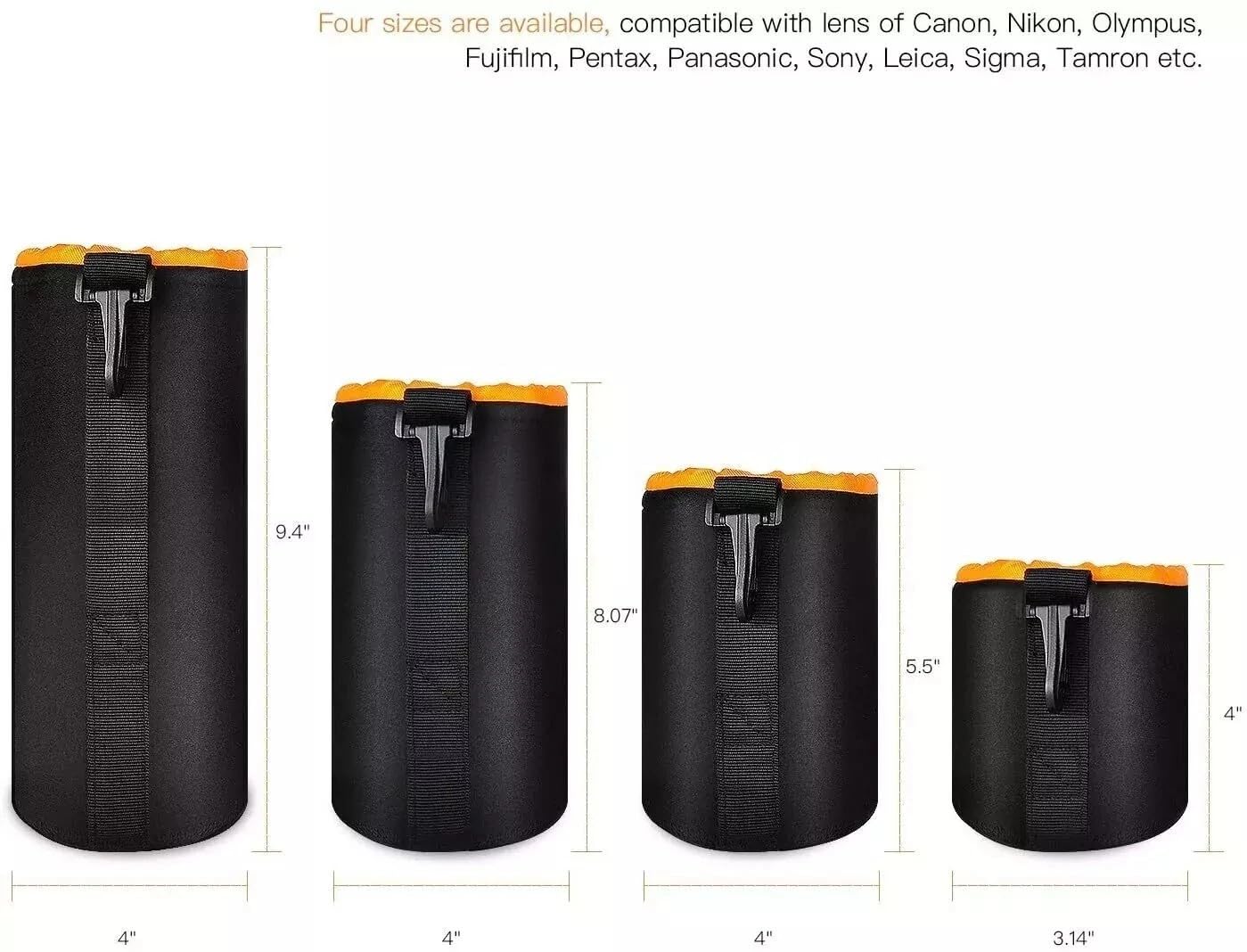Set di 4 custodie per obiettivo della fotocamera, in neoprene spesso 4 mm con fodera in morbido velluto, borse impermeabili con coulisse con moschettone e passante per cintura, S/M/L/XL per