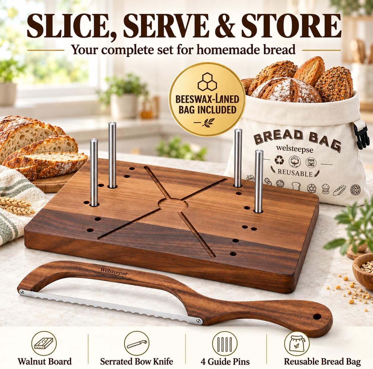 Walnut Bread Slicer Set with Knife & Bread Bag for Sourdough