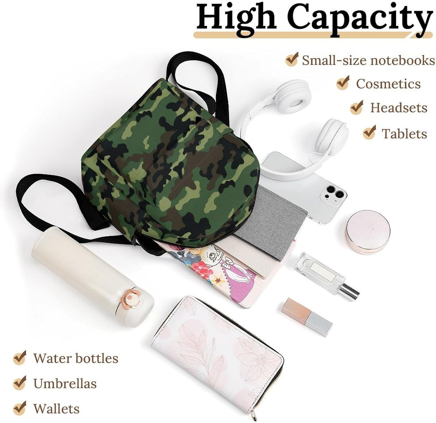 Waterproof Mini Backpack for Women - 10 Inch Oxford Lightweight Daypack Cute Bag Small Daypack Green Military Camo Small Backpack Purse for Travel Work Weekender