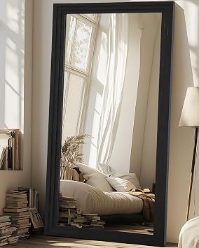 Full Length Mirror, 76"x34" Wooden Mirror Full Length with Stand Wood Floor Mirror, Oversized Stand Up Mirrors Large Wall Mirrors, Wall Mounted Mirrors, Rect Wood Style, Black