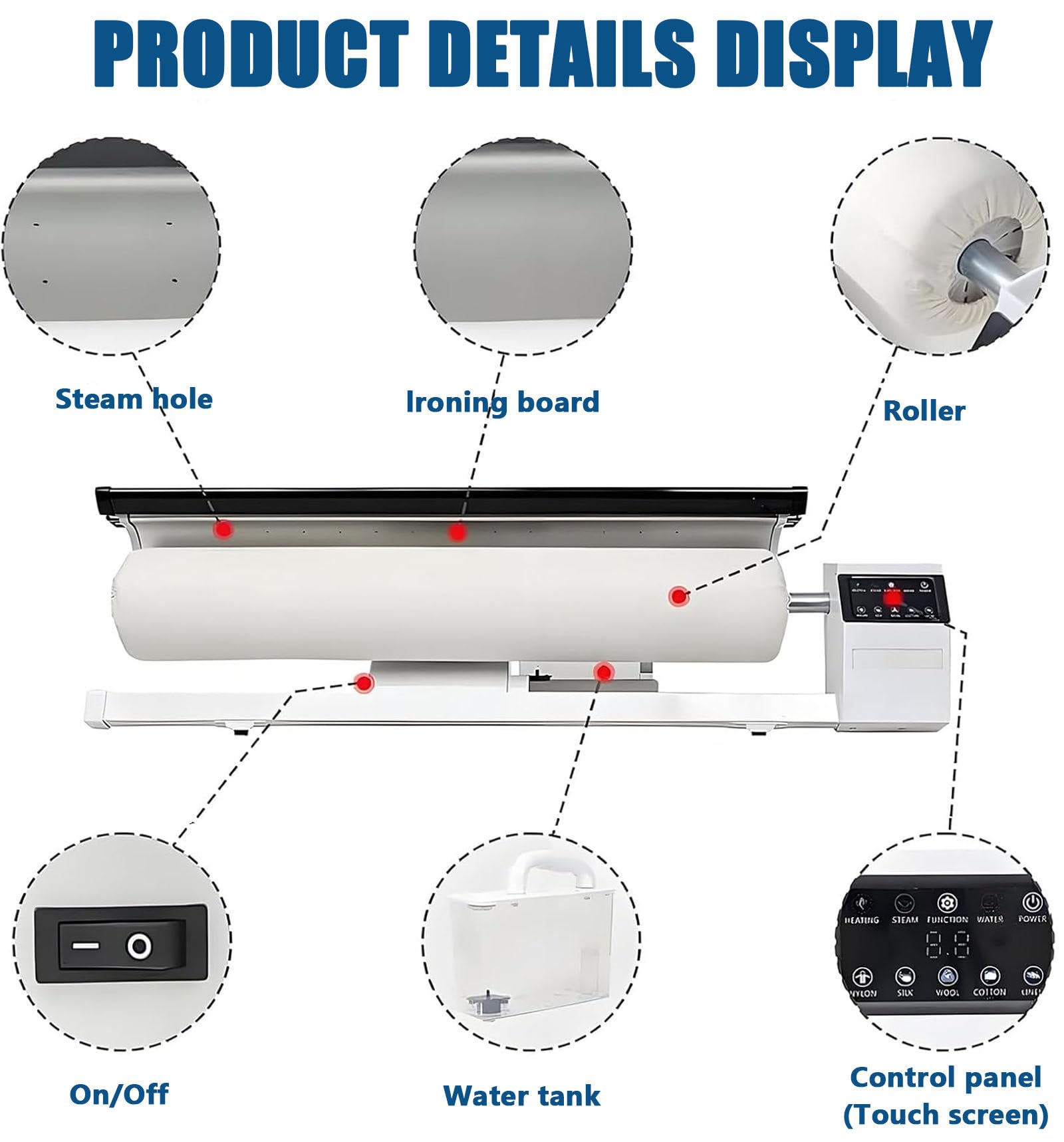 Gewerbliche Dampfbügelmaschine mit Rollenbügelwalze, 90 cm Rollenbügelwalze mit Touchscreen, Fußpedal, Dauerdampf (70 g/min), 2-Liter-Tank, 2,5 m/min Geschwindigkeit, für Hotelwäsche und Wäschereien