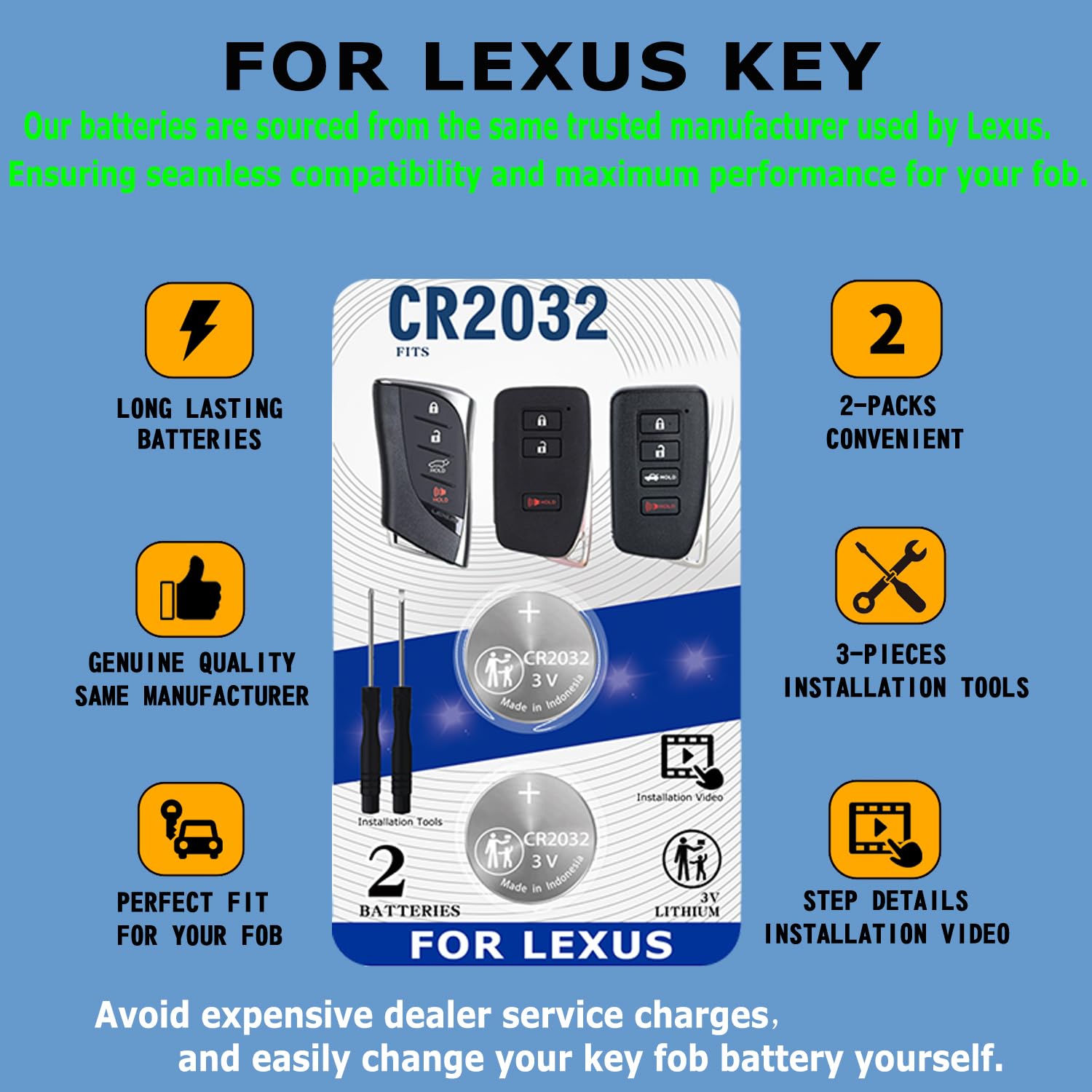 Key Fob Replacement Batteries CR2032 For Lexus RX ES NX IS UX GX RC GS LS Models (2-Pack)