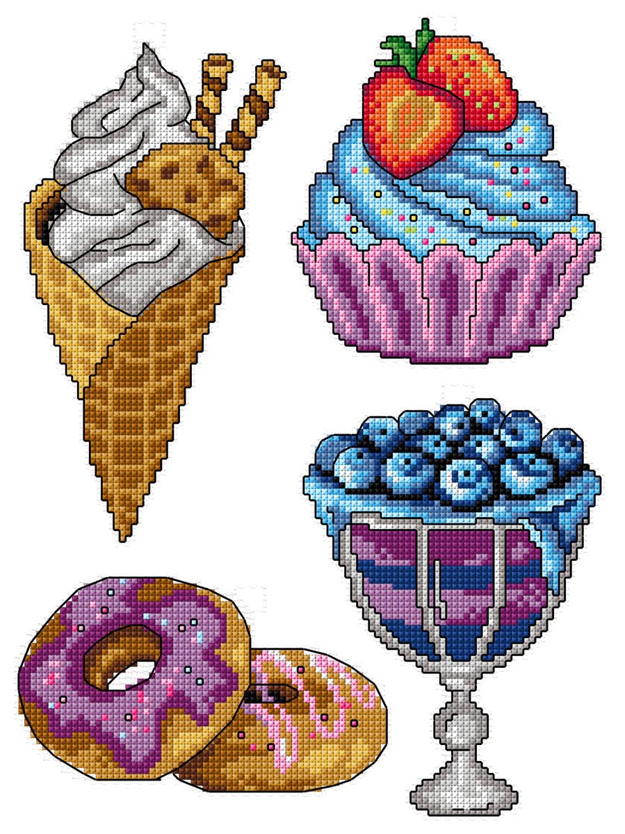 Crafting Spark Sweets Counted Cross-Stitch Kit On Plastic Canvas With 4 Splendid Ornaments Different Dimensions 148Cs. Wonderful For Art & Craft Amateurs