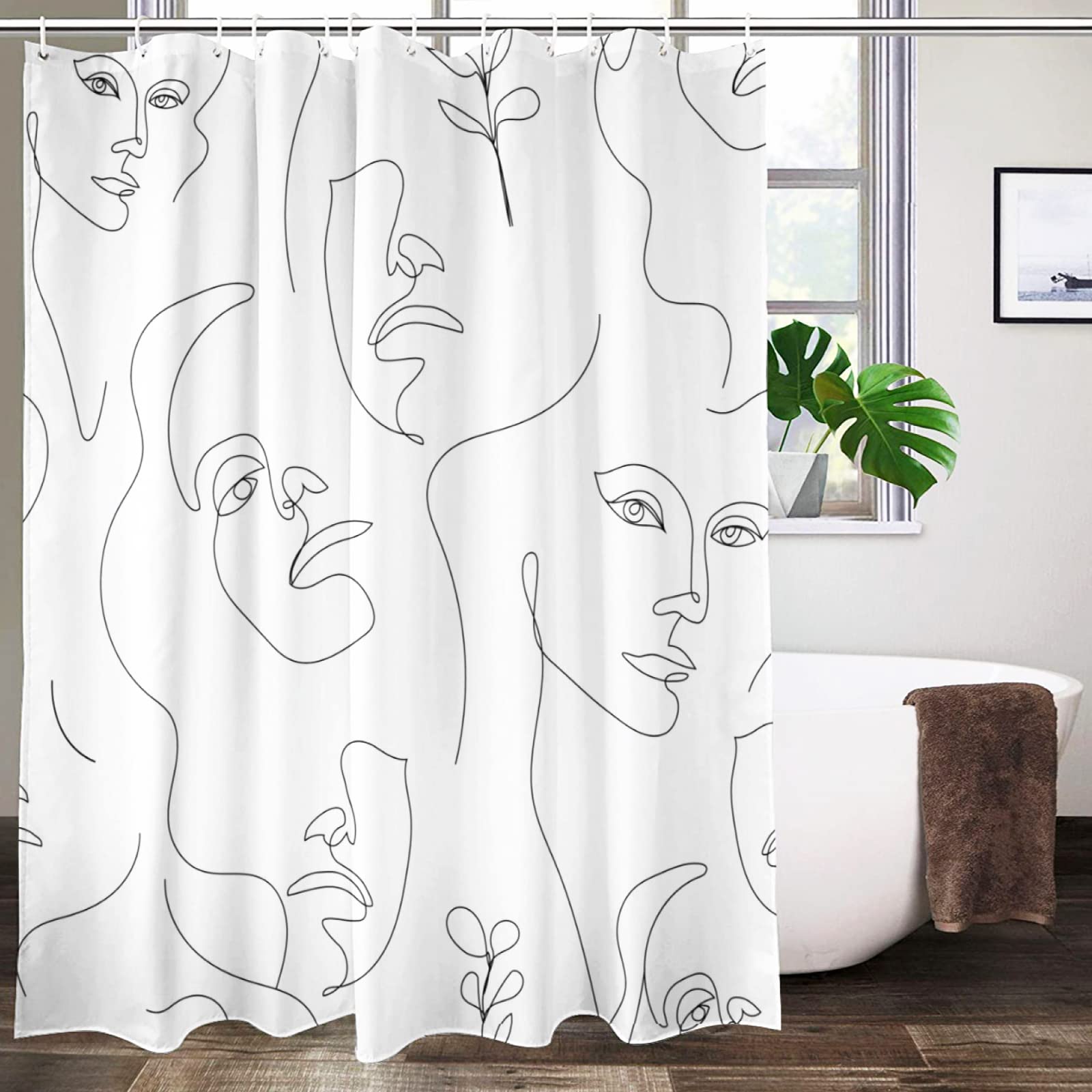 Lovetar Abstract Women Face Fashion Modern Minimalist Shower Curtain Washable Waterproof Fabric Bath Curtains Set for Bathroom with 12 Hooks Decor Art