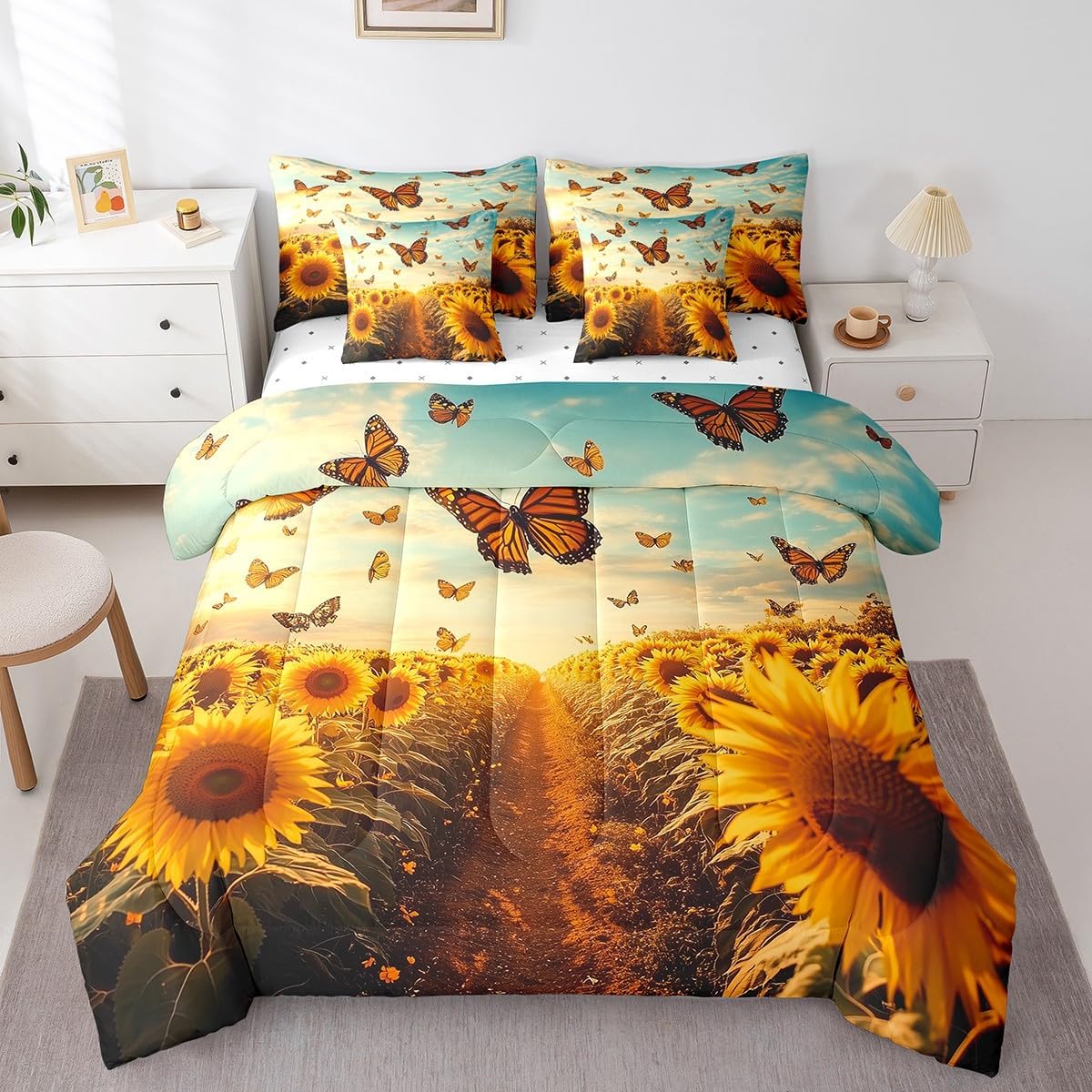 Feelyou Butterfly Comforter Set with Sheets Queen Size Sunflower Bed in a Bag for Boys Girls Teens Botanical 7 Pieces Bedding Set Golden Bed Set Room Decor Small Animall
